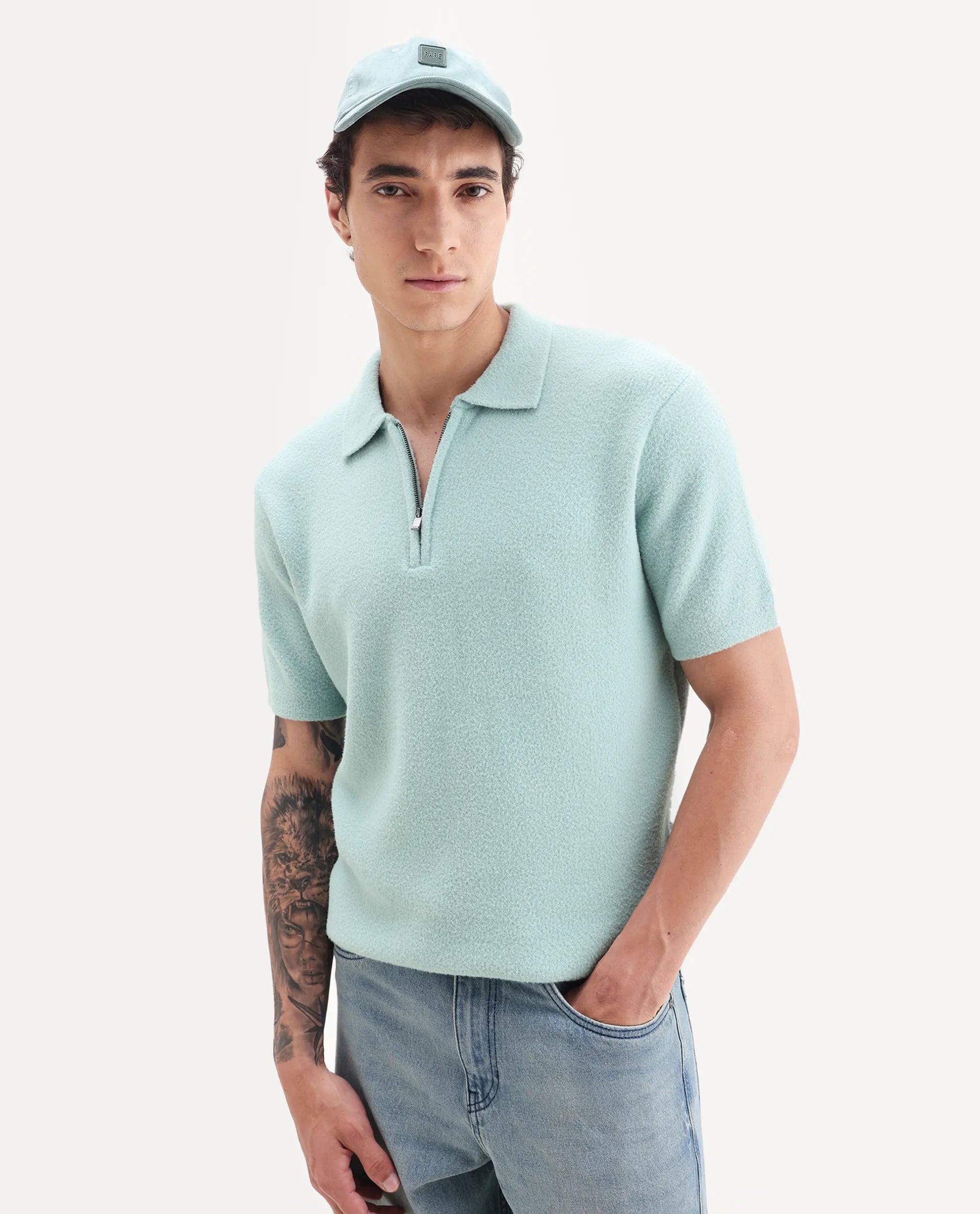 Rare Rabbit Men's Luco Blue Cotton Blend Fabric Collared Neck Regular Plain Polo