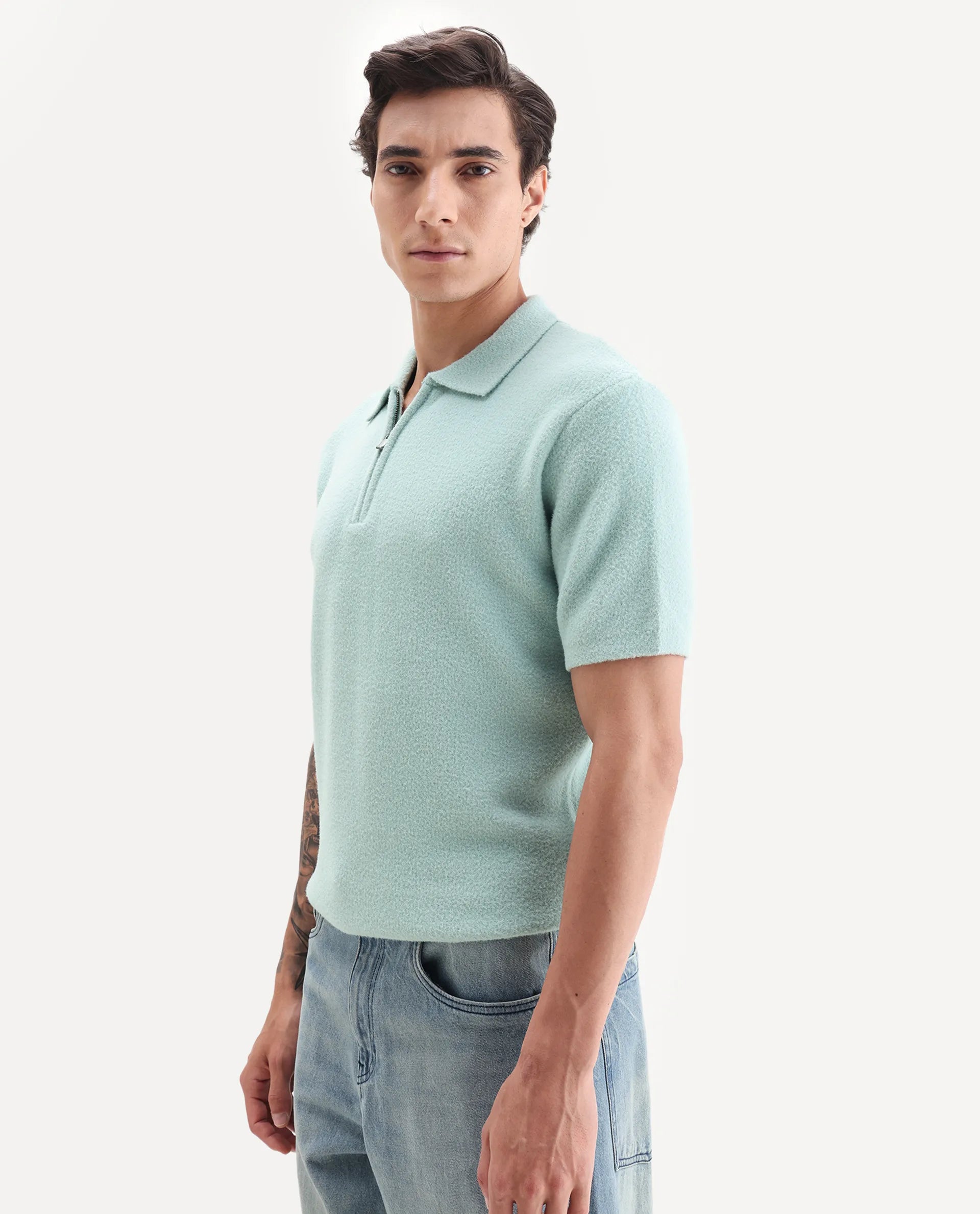 Rare Rabbit Men's Luco Blue Cotton Blend Fabric Collared Neck Regular Plain Polo