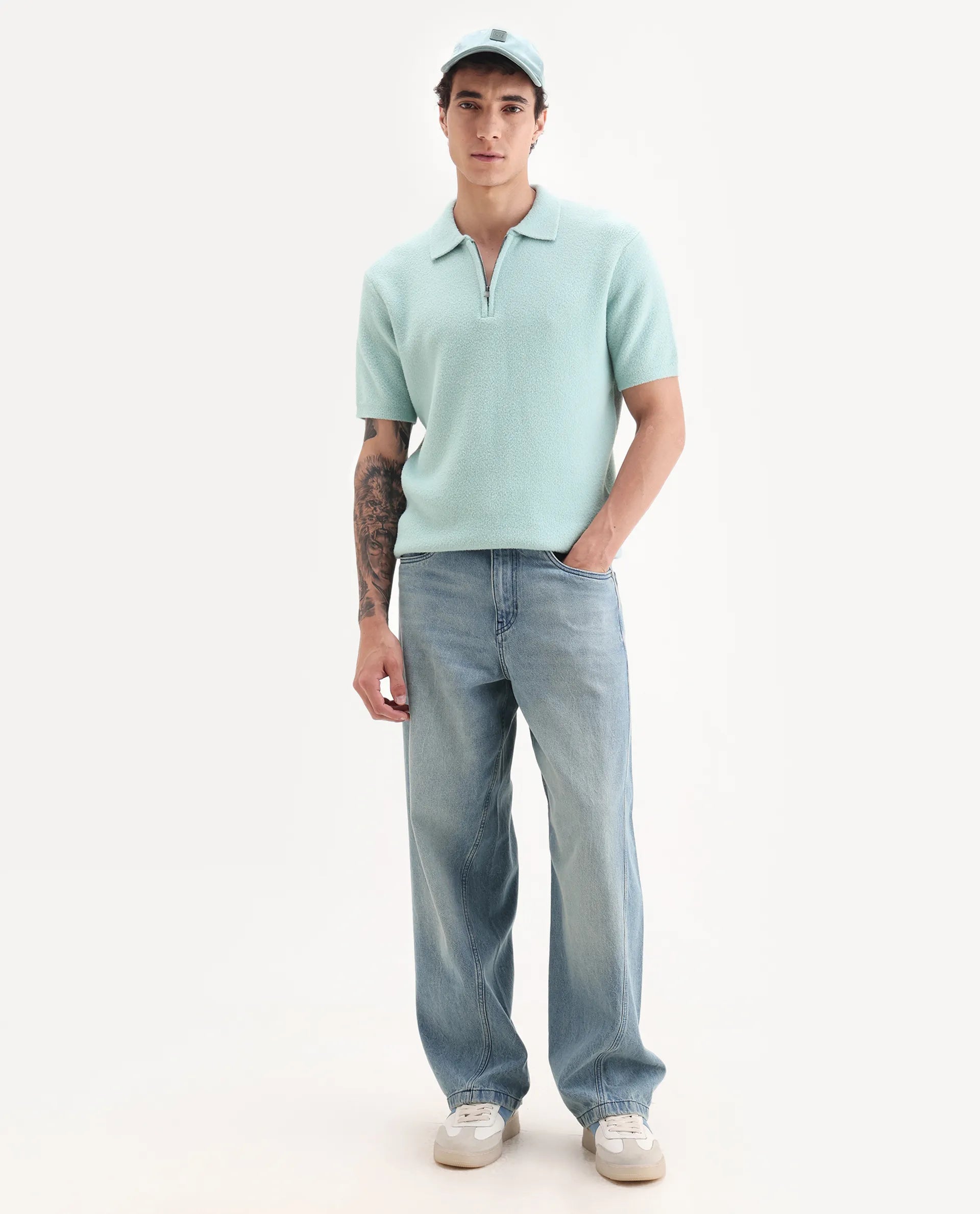 Rare Rabbit Men's Luco Blue Cotton Blend Fabric Collared Neck Regular Plain Polo