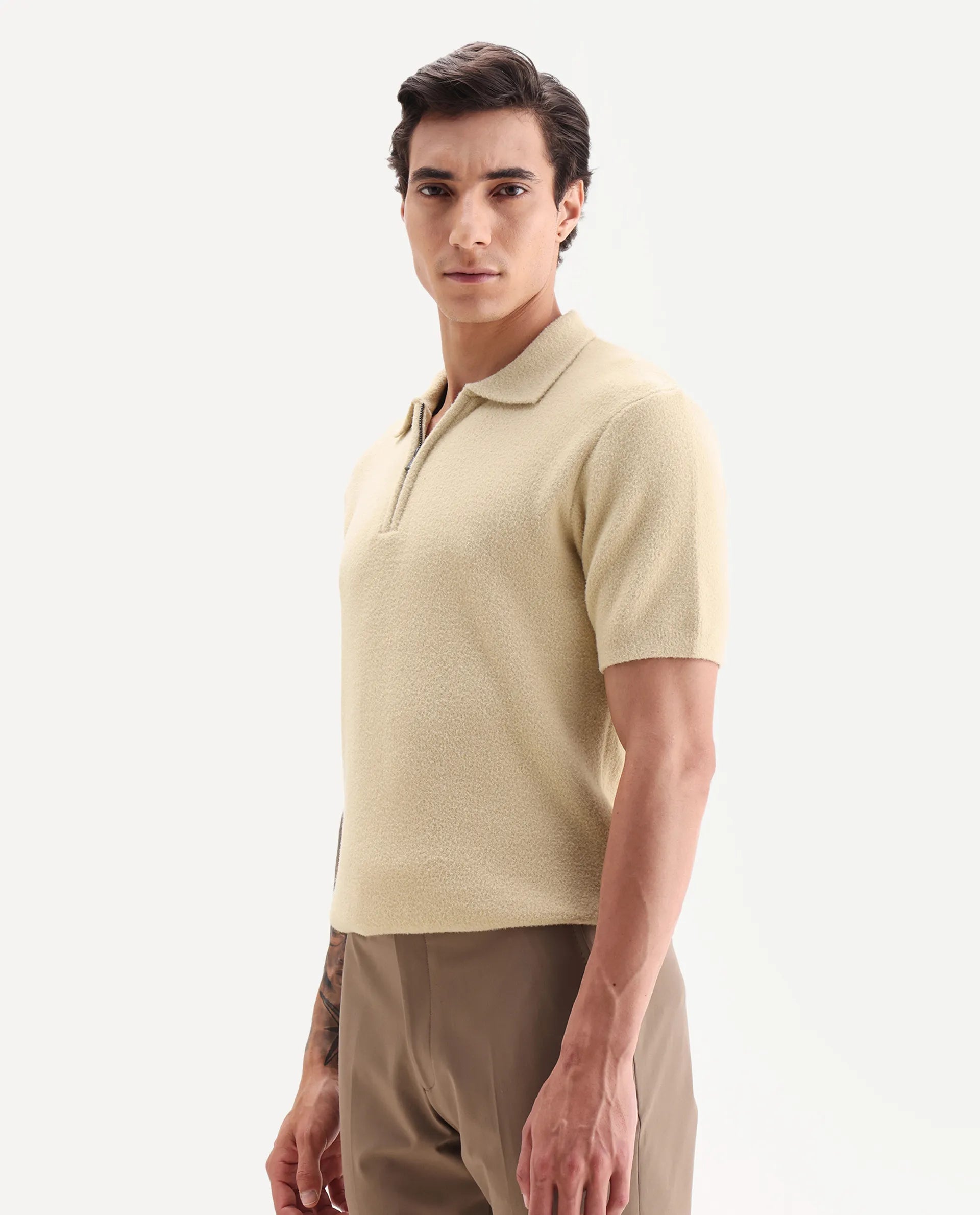 Rare Rabbit Men's Luco Yellow Cotton Blend Fabric Collared Neck Regular Plain Polo