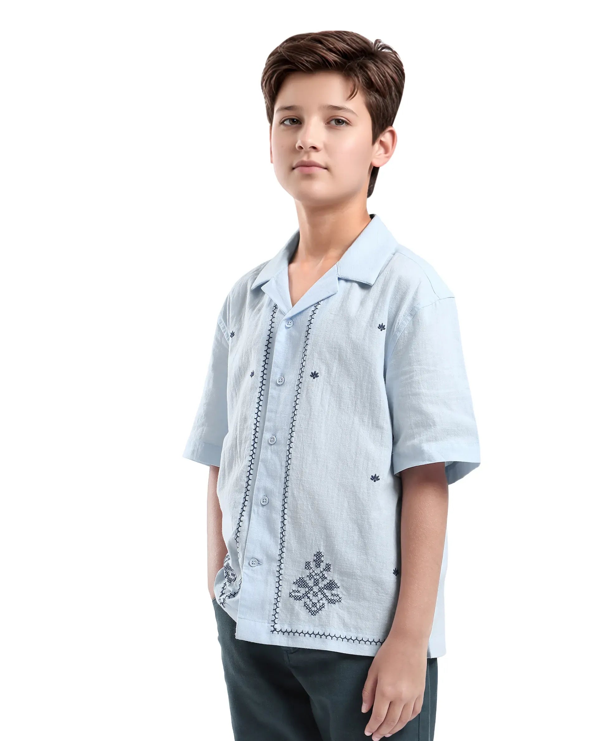 Rare Ones Kids Lucy Light Blue Cotton Half Sleeve Button Embroidered Regular Fit Shirt