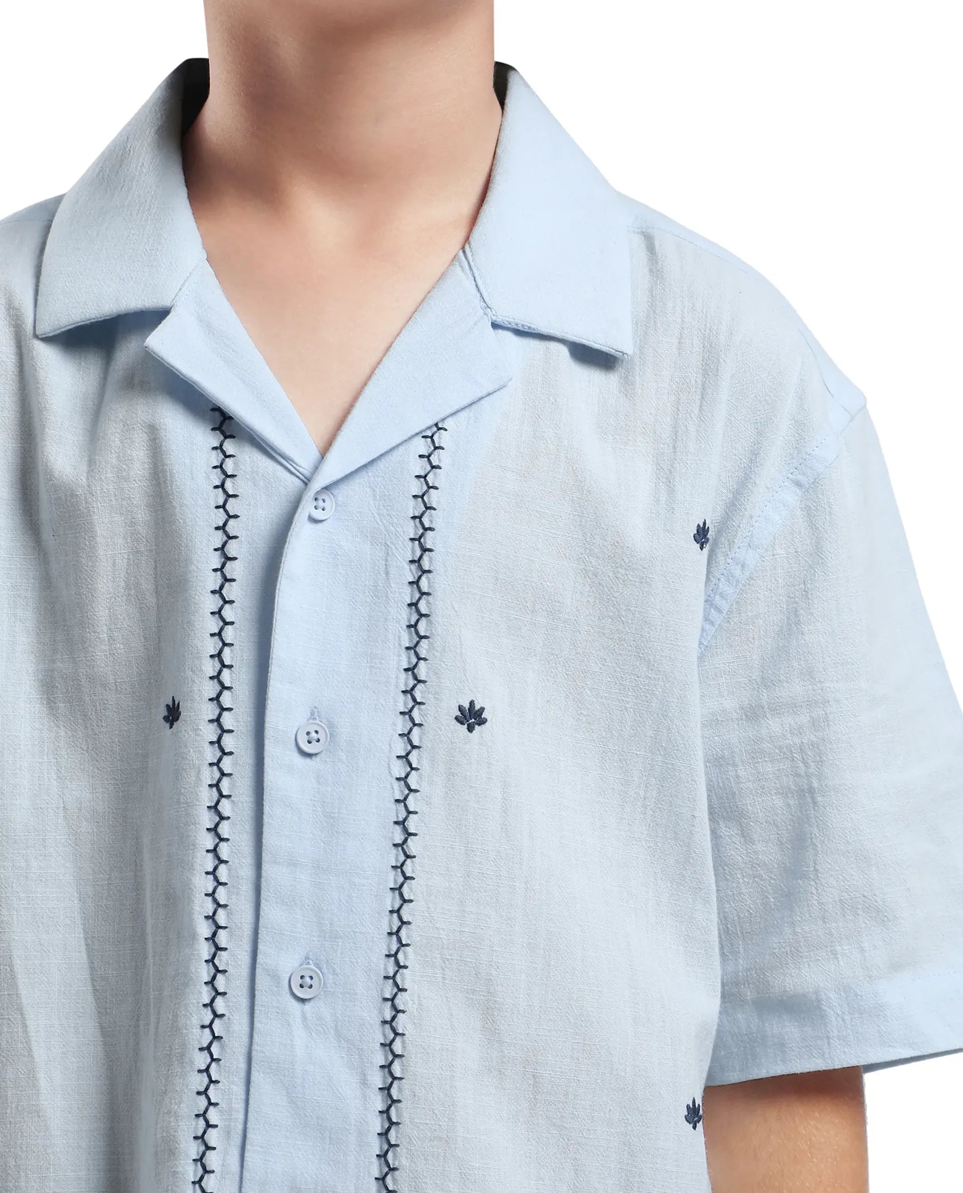 Rare Ones Kids Lucy Light Blue Cotton Half Sleeve Button Embroidered Regular Fit Shirt