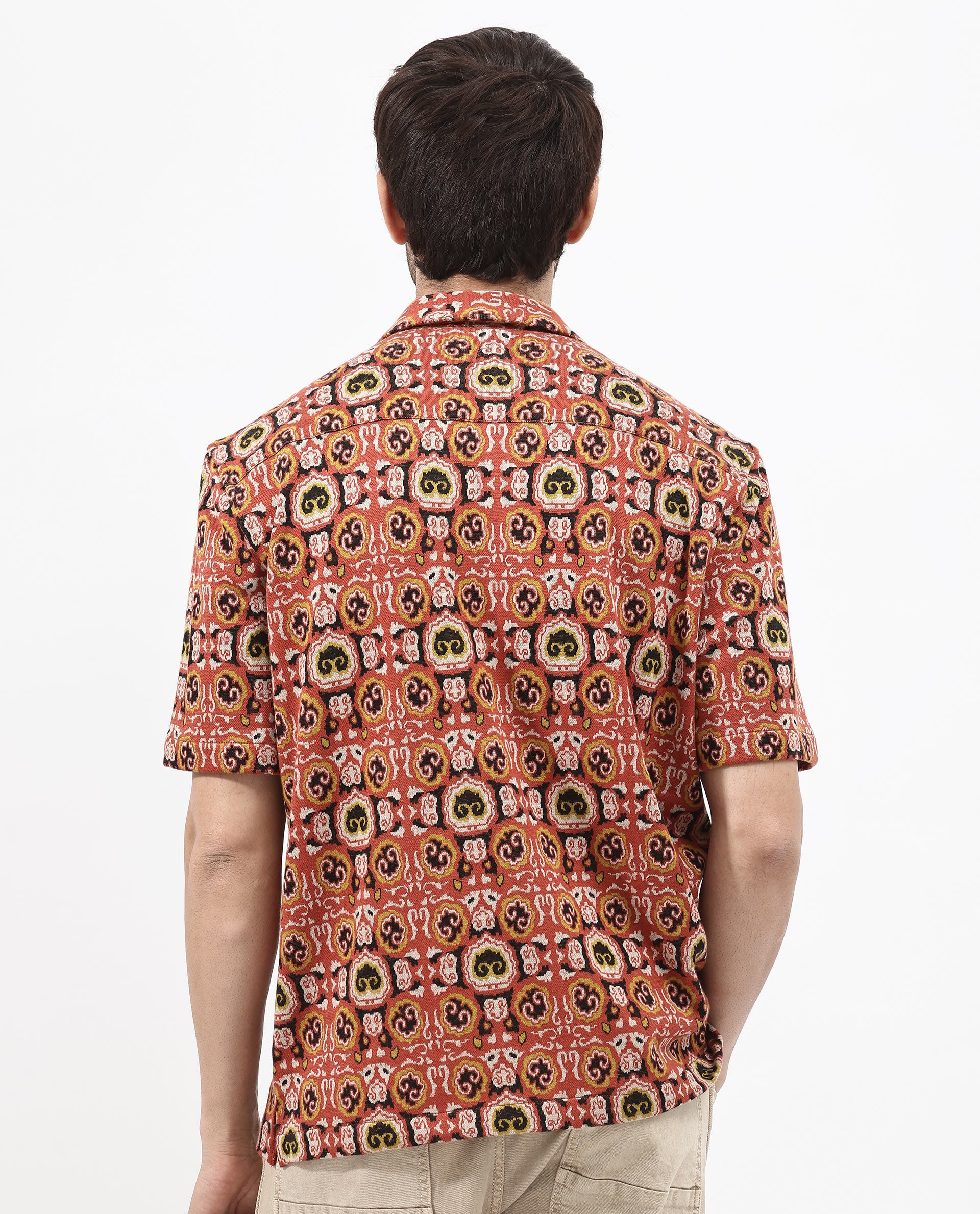 Rare Rabbit Men's Lueno Rust Cotton Polyester Fabric Short Sleeves Cuban Collar Boxy Fit Jacquard Textured Shirt