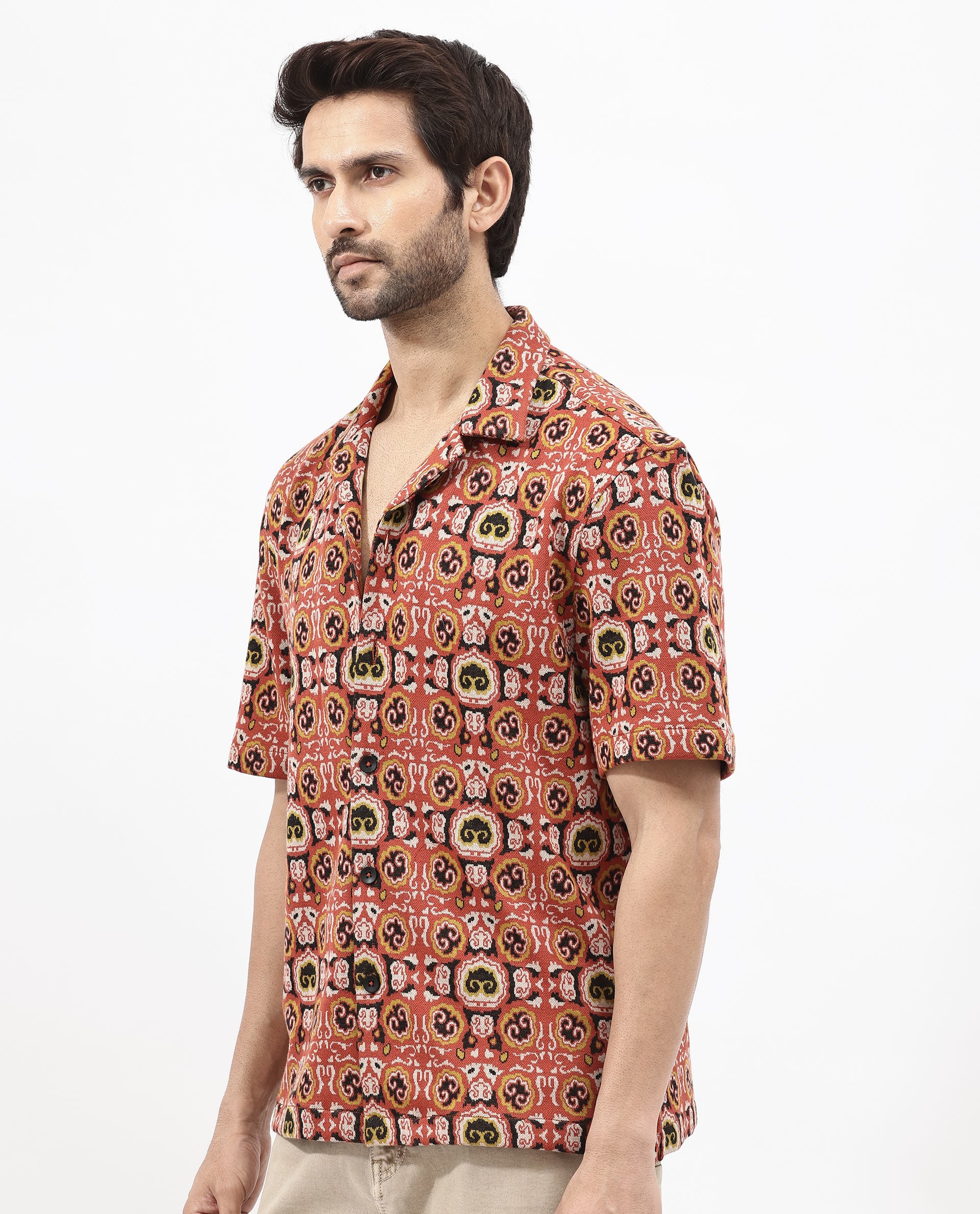 Rare Rabbit Men's Lueno Rust Cotton Polyester Fabric Short Sleeves Cuban Collar Boxy Fit Jacquard Textured Shirt