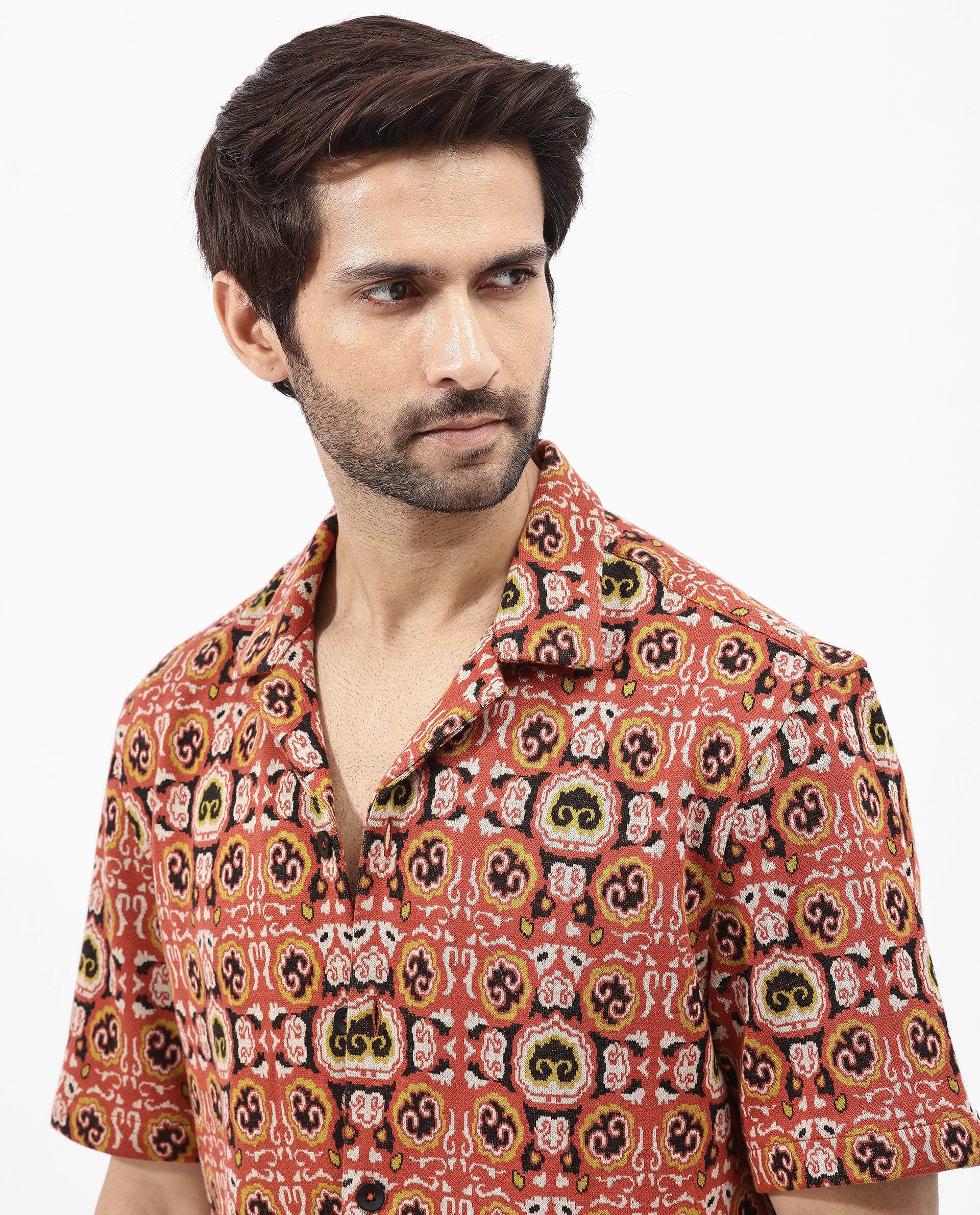 Rare Rabbit Men's Lueno Rust Cotton Polyester Fabric Short Sleeves Cuban Collar Boxy Fit Jacquard Textured Shirt