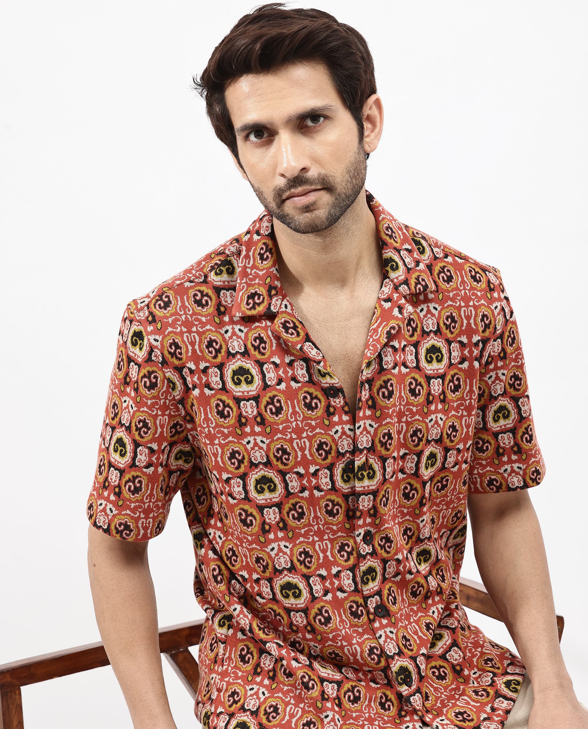 Rare Rabbit Men's Lueno Rust Cotton Polyester Fabric Short Sleeves Cuban Collar Boxy Fit Jacquard Textured Shirt