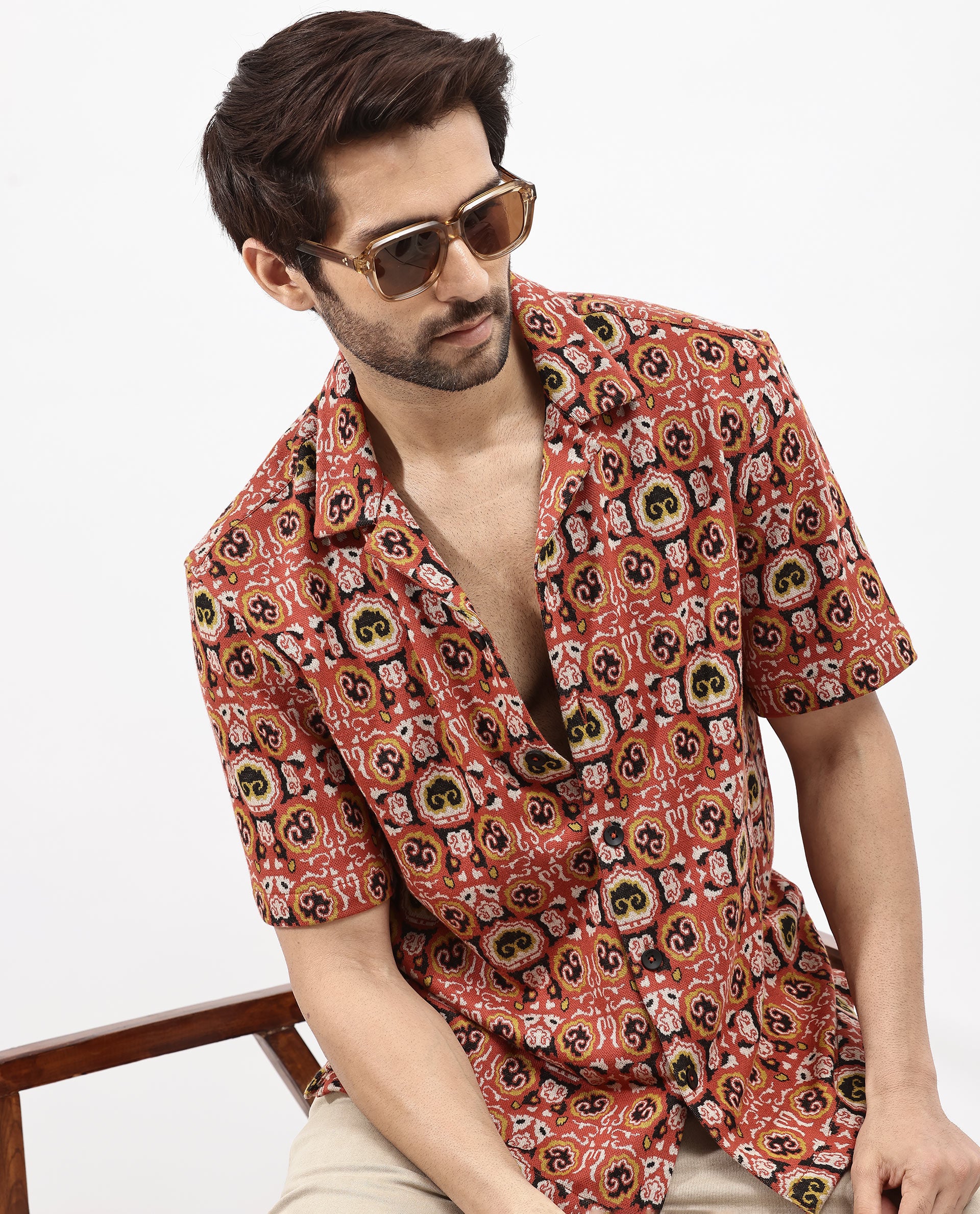 Rare Rabbit Men's Lueno Rust Cotton Polyester Fabric Short Sleeves Cuban Collar Boxy Fit Jacquard Textured Shirt