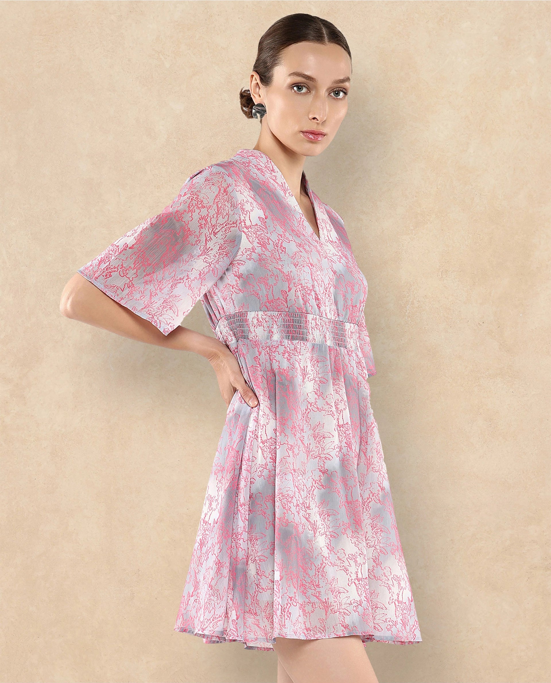 Rareism Women Luffy Grey Flared Sleeve Abstract Print Dress