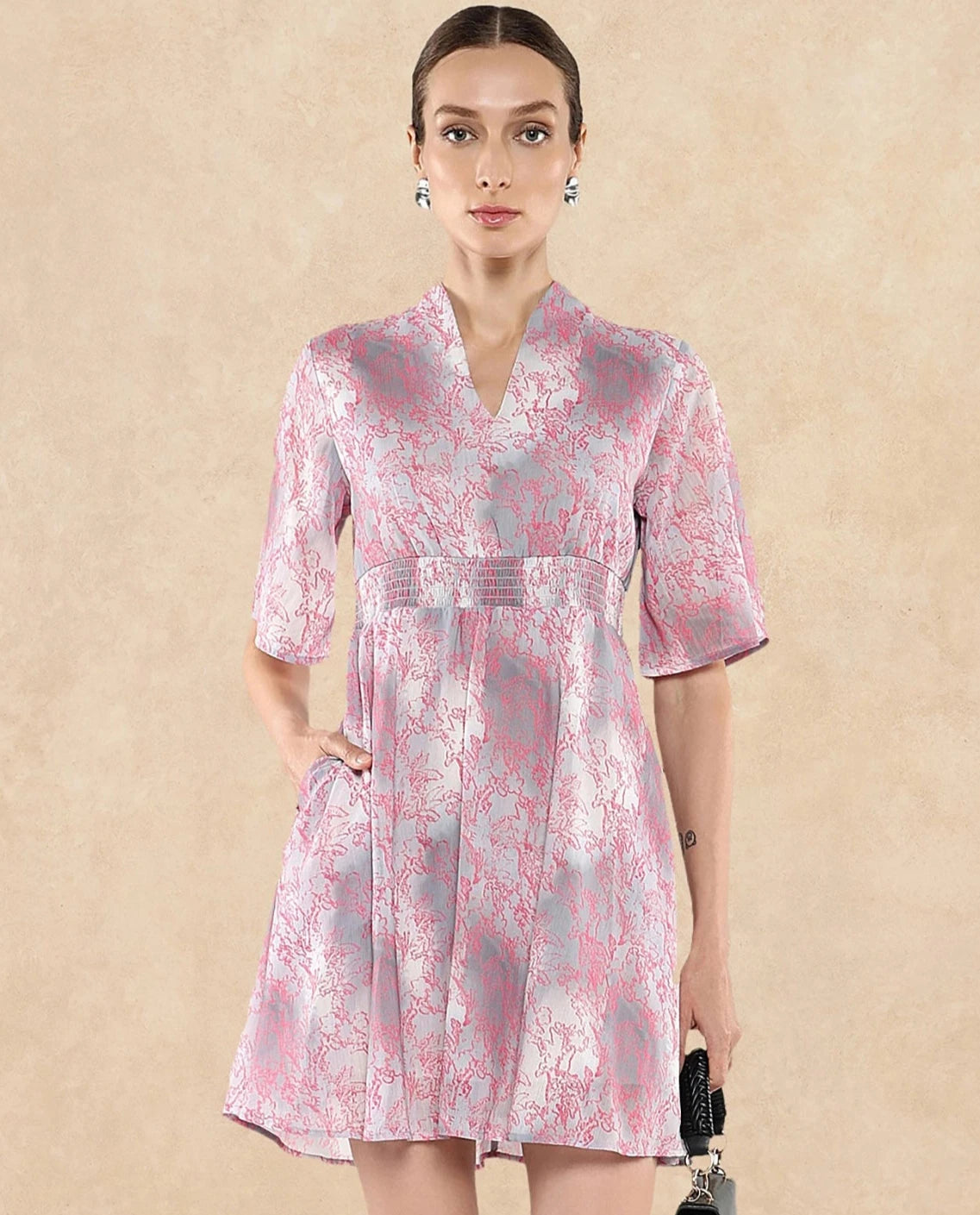 Rareism Women Luffy Grey Flared Sleeve Abstract Print Dress