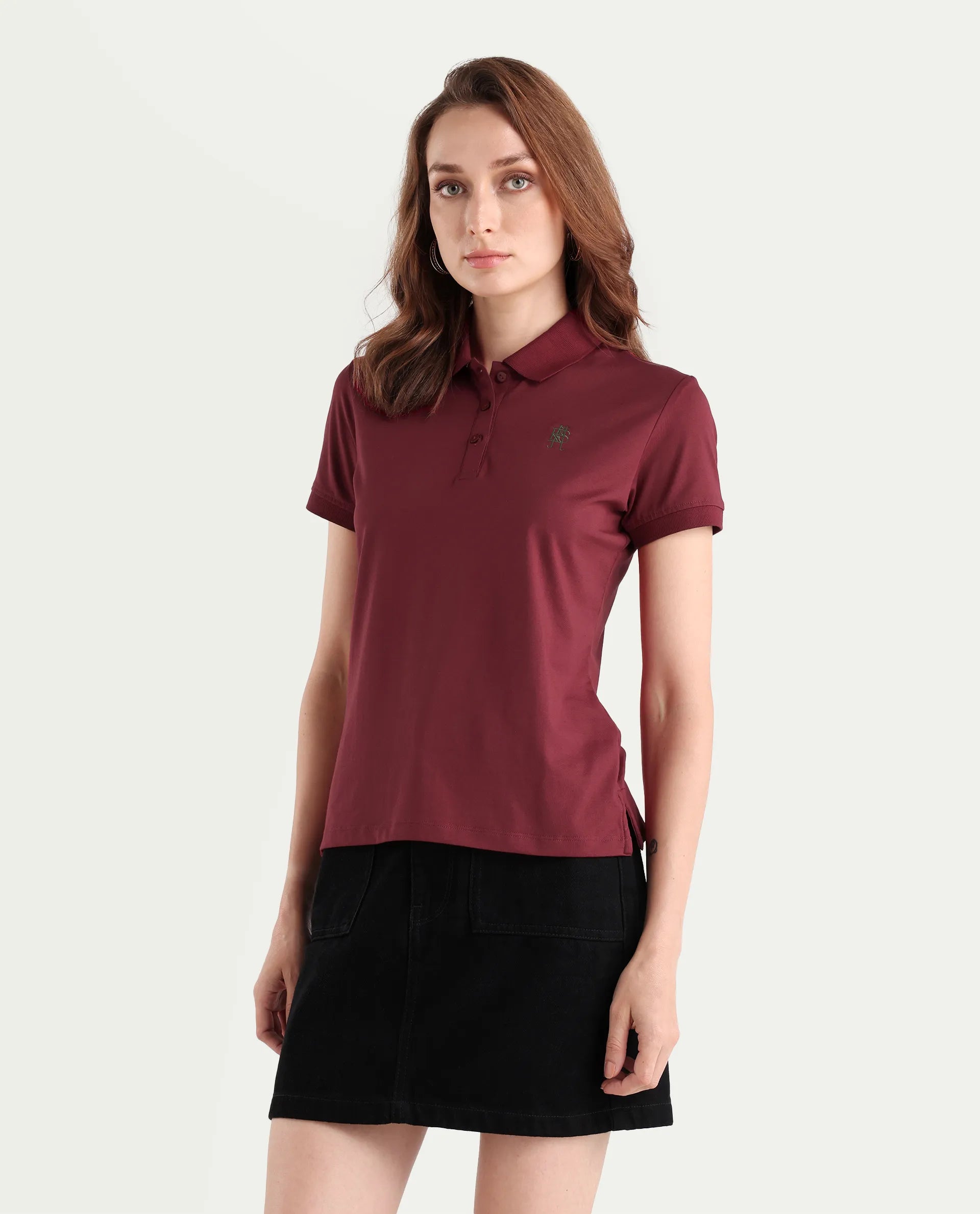 Rareism Women's Lugano Maroon Cotton Blend Polo Neck Plain Regular Fit Polo