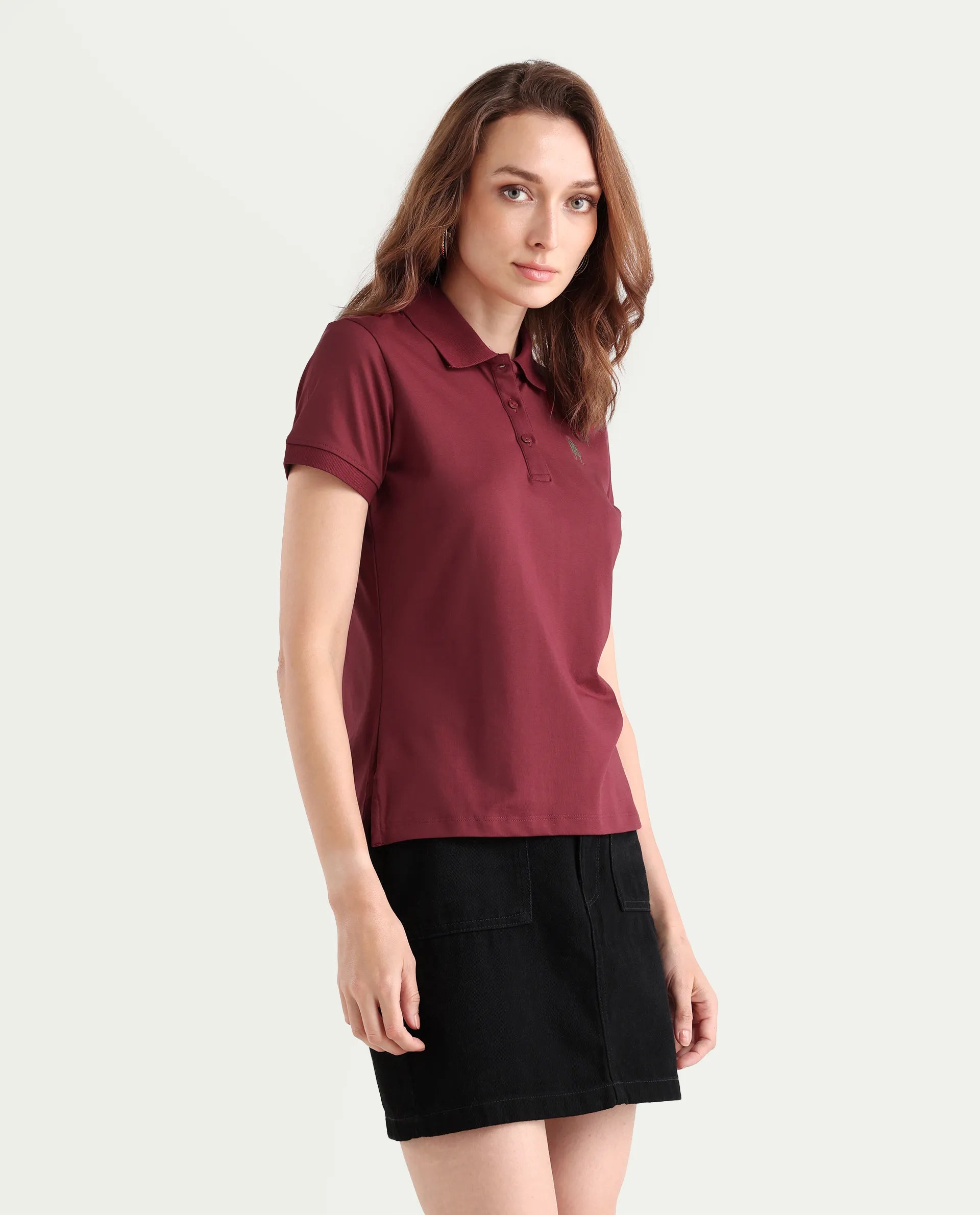 Rareism Women's Lugano Maroon Cotton Blend Polo Neck Plain Regular Fit Polo