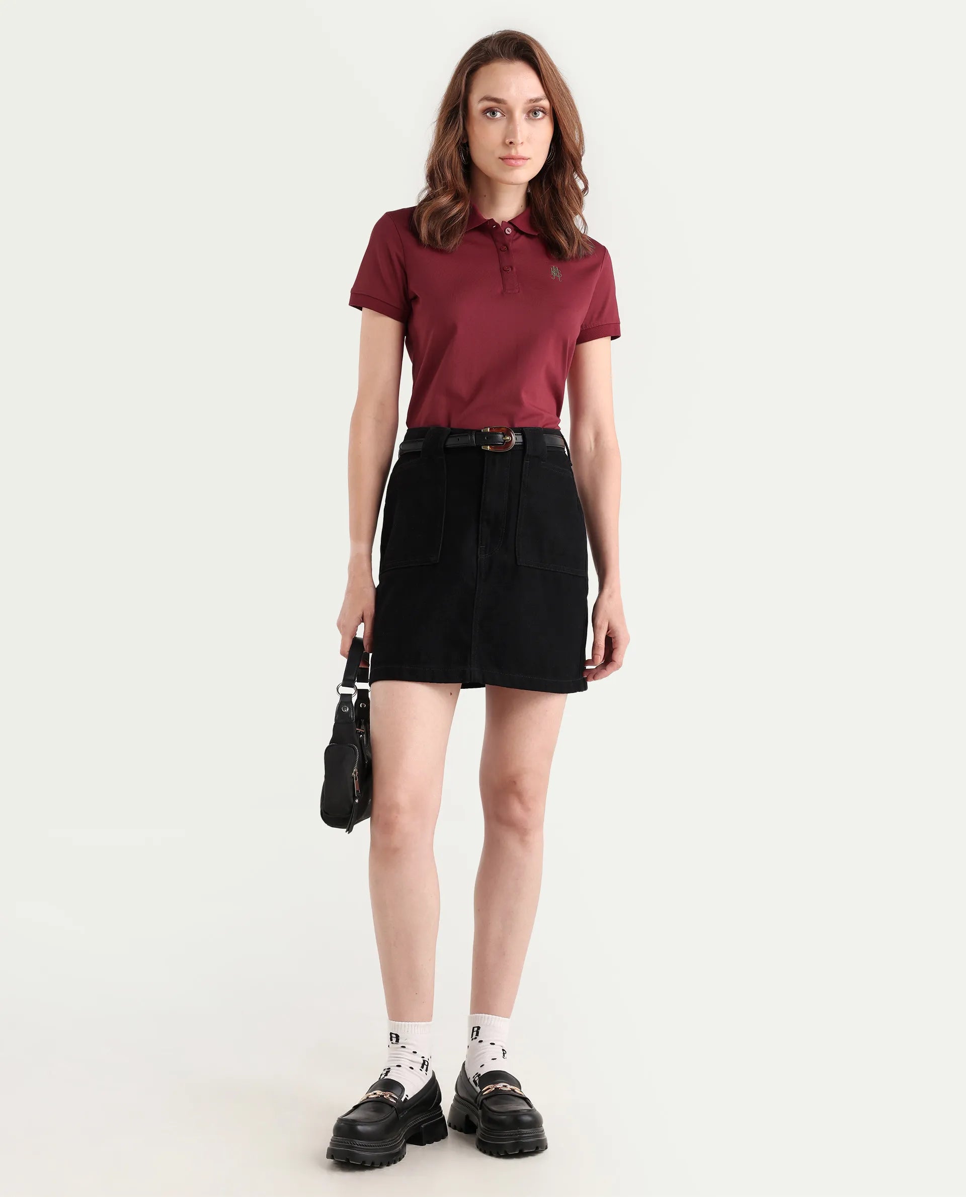 Rareism Women's Lugano Maroon Cotton Blend Polo Neck Plain Regular Fit Polo