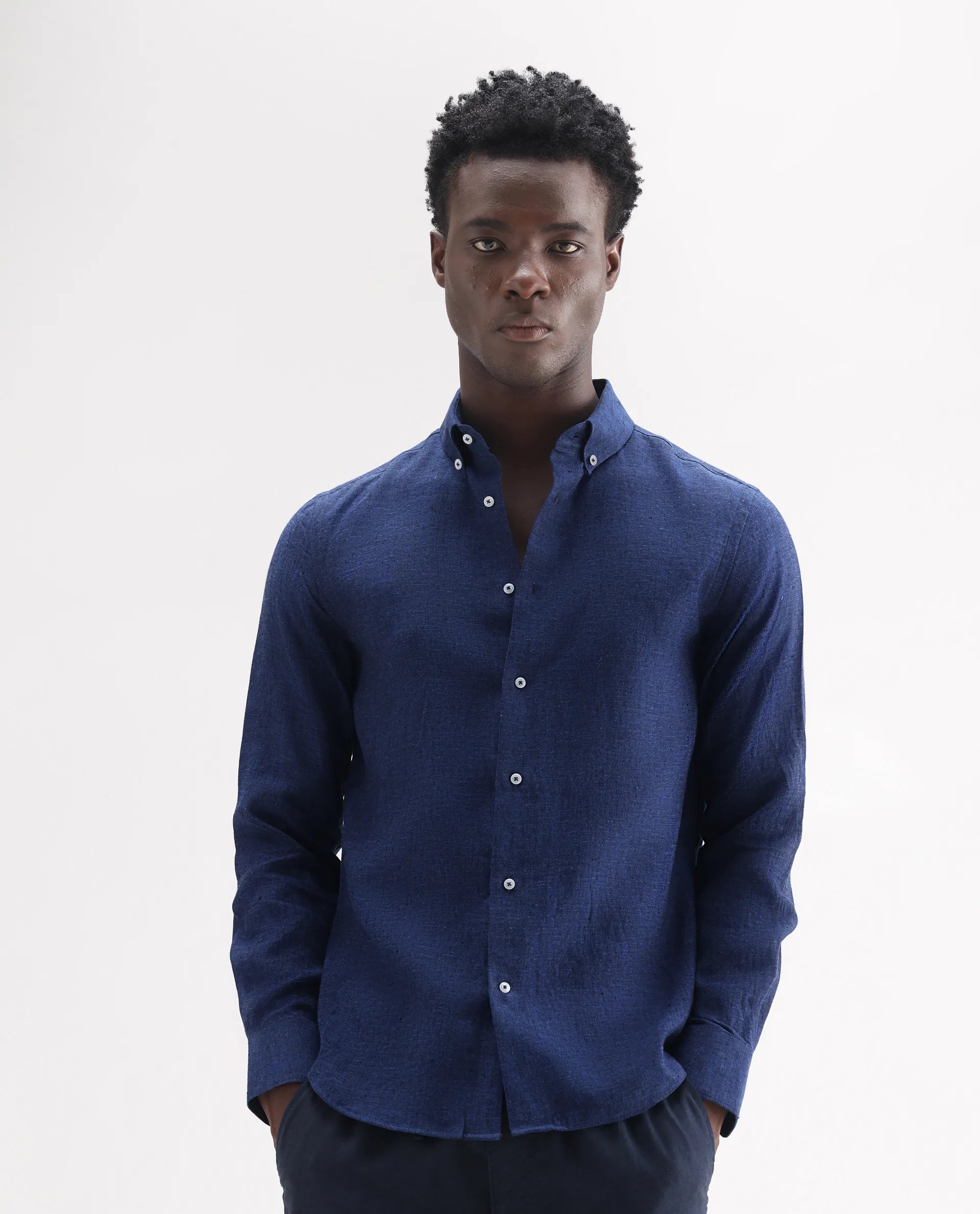 Rare Rabbit Men's Lucis Dark Blue 100% Linen Plain Regular Fit Full Sleeve Collared Shirt