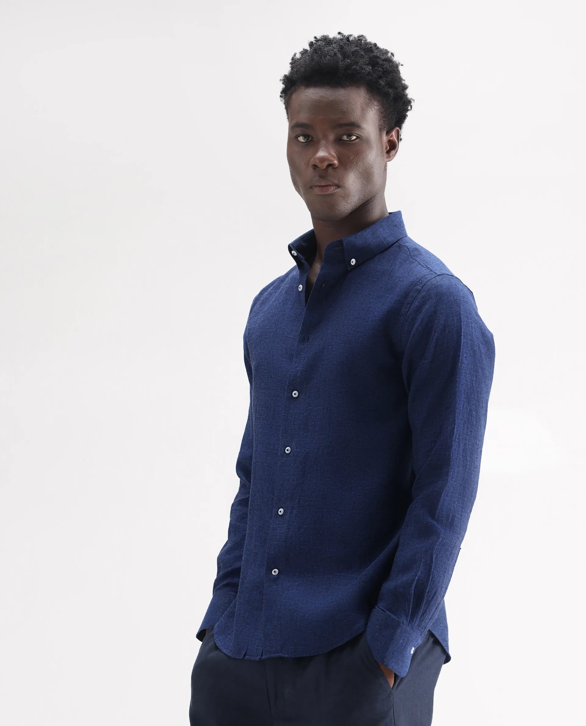 Rare Rabbit Men's Lucis Dark Blue 100% Linen Plain Regular Fit Full Sleeve Collared Shirt