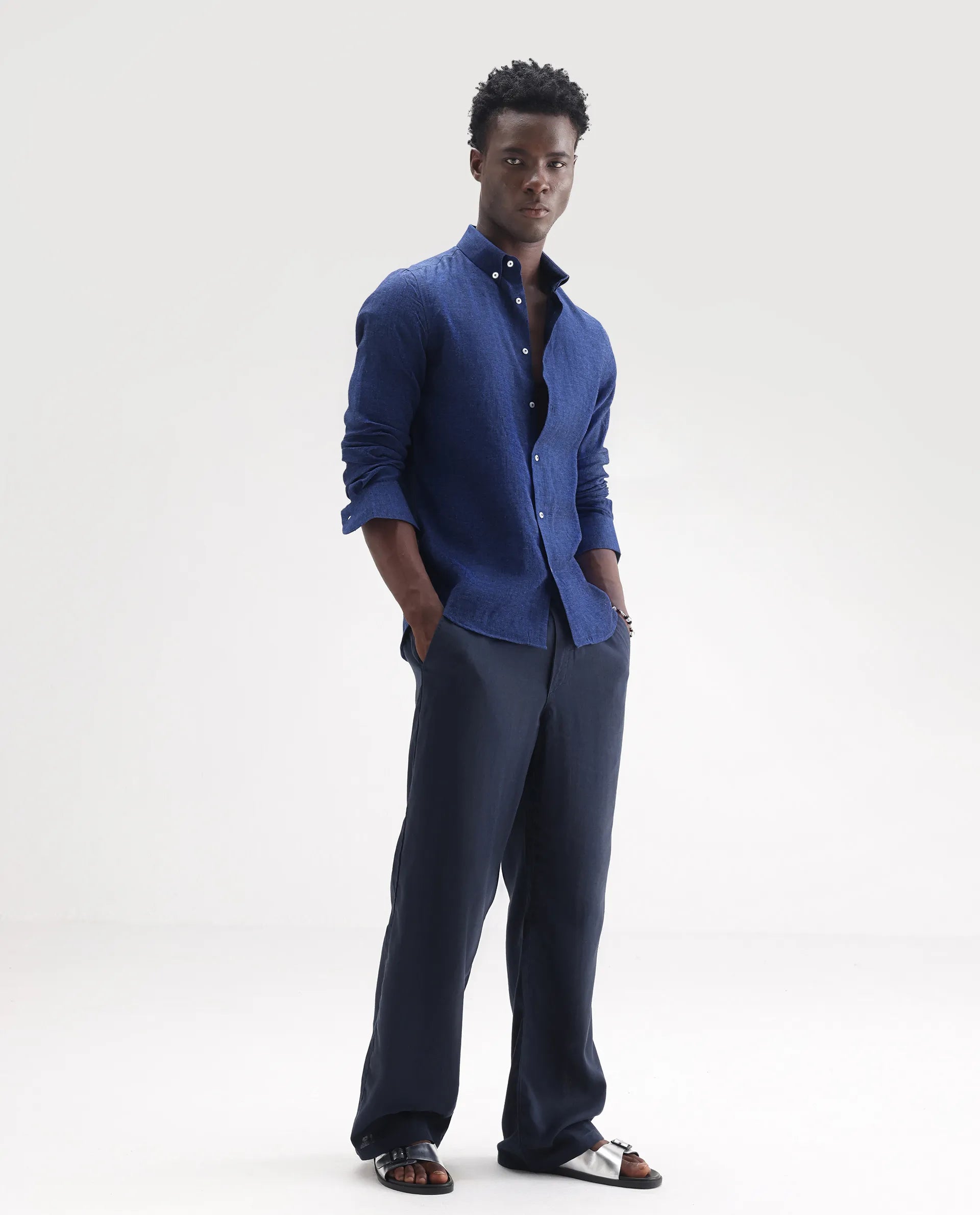 Rare Rabbit Men's Lucis Dark Blue 100% Linen Plain Regular Fit Full Sleeve Collared Shirt