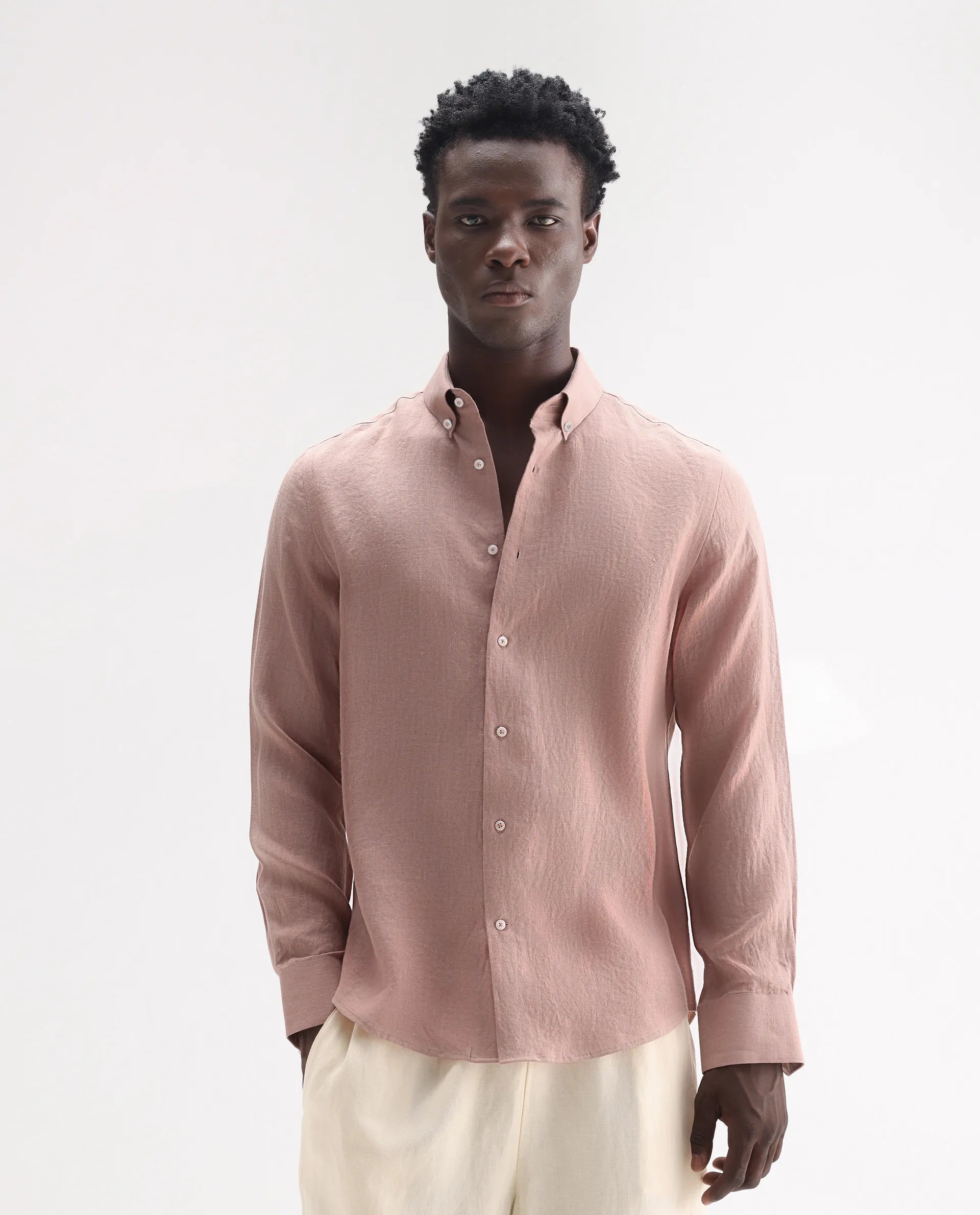 Rare Rabbit Men's Lucis Mauve 100% Linen Plain Regular Fit Full Sleeve Collared Shirt