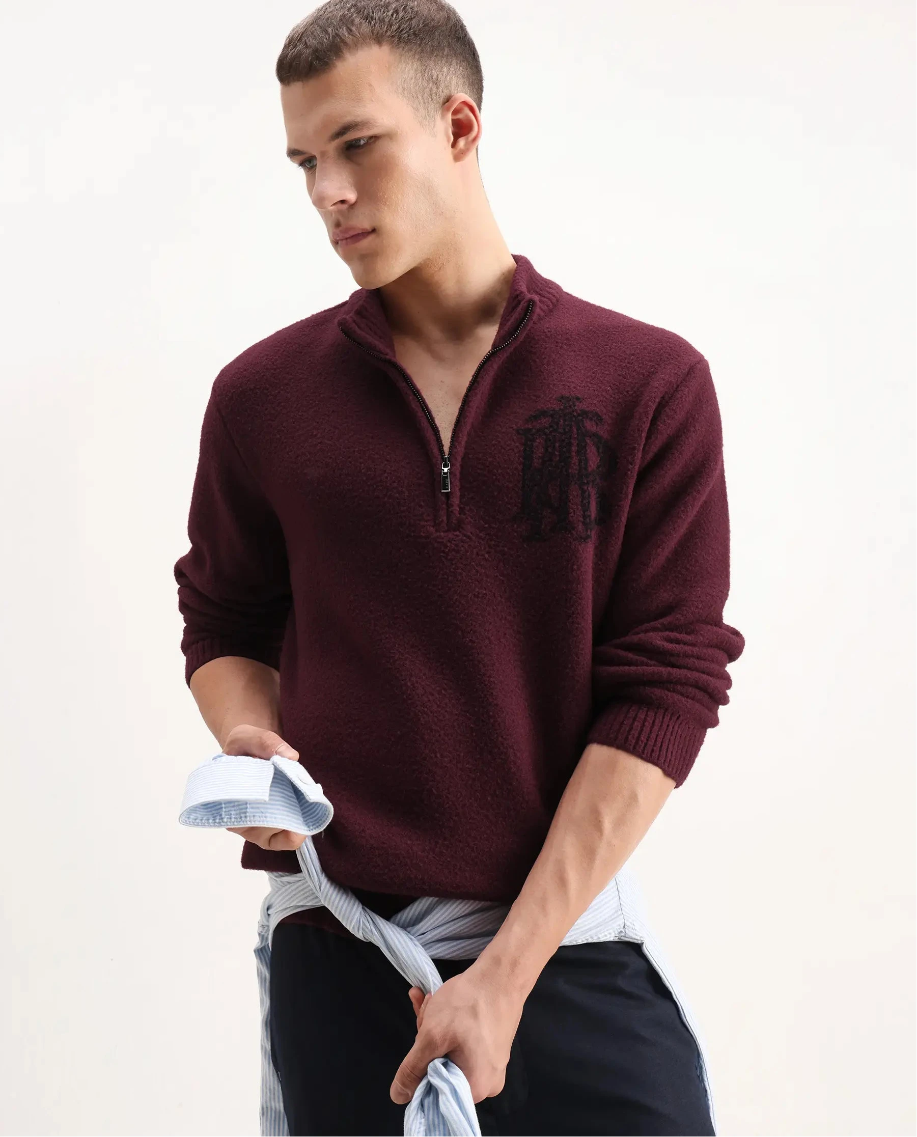 Rare Rabbit Men's Luke Dark Maroon Cotton Plain Regular Fit Full Sleeve High Neck Sweater