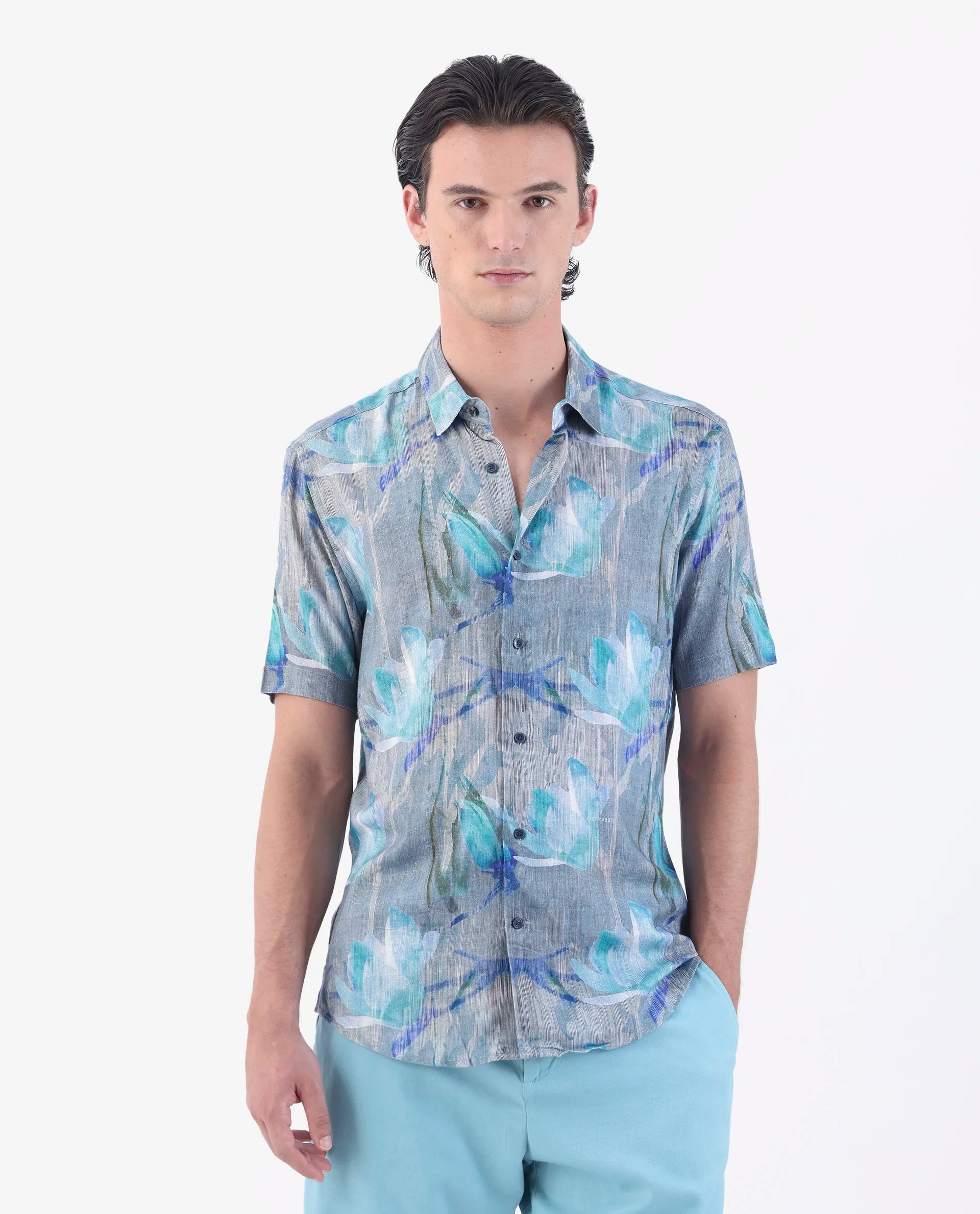Rare Rabbit Men's Luken Blue 100% Linen Floral Print Regular Fit Half Sleeve Collared Shirt