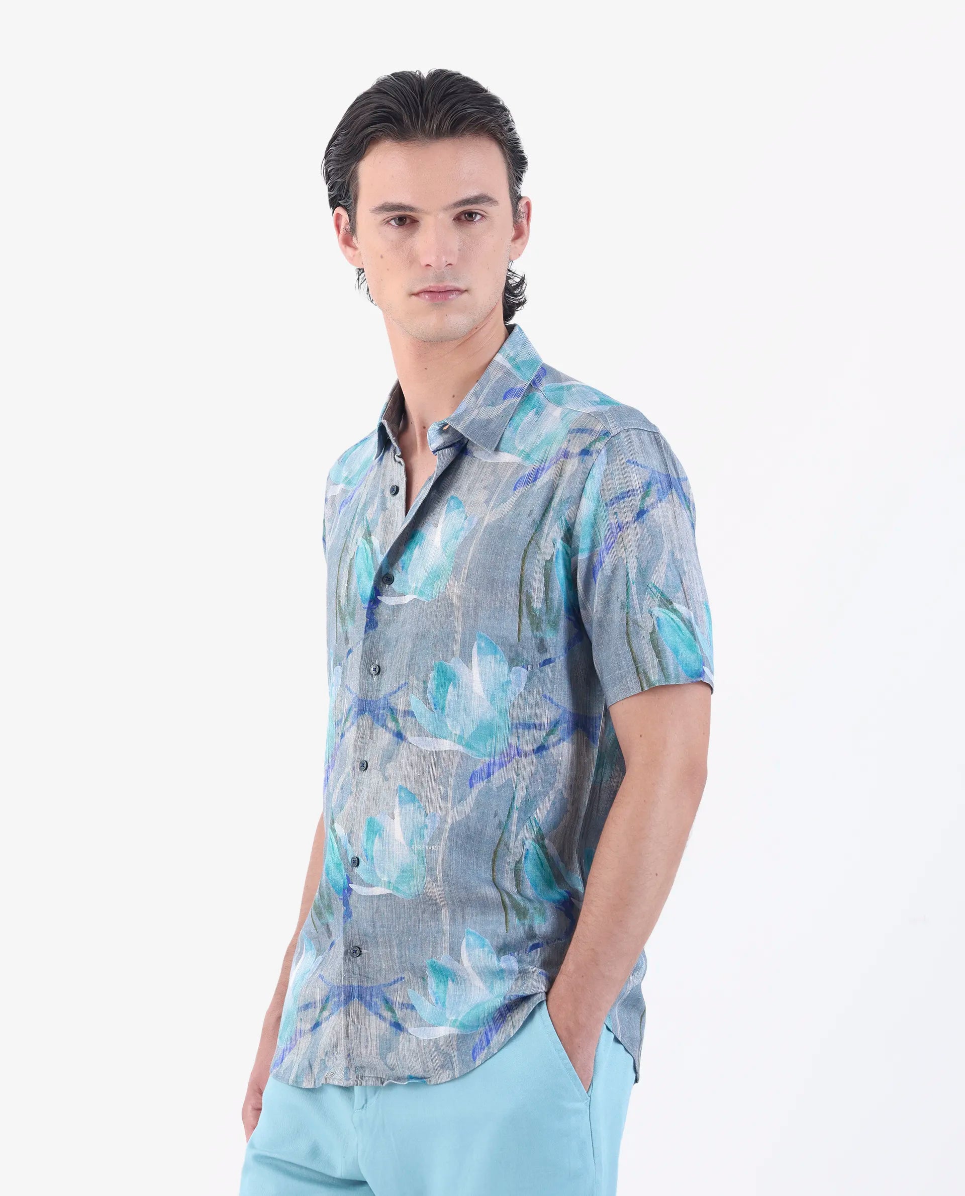 Rare Rabbit Men's Luken Blue 100% Linen Floral Print Regular Fit Half Sleeve Collared Shirt