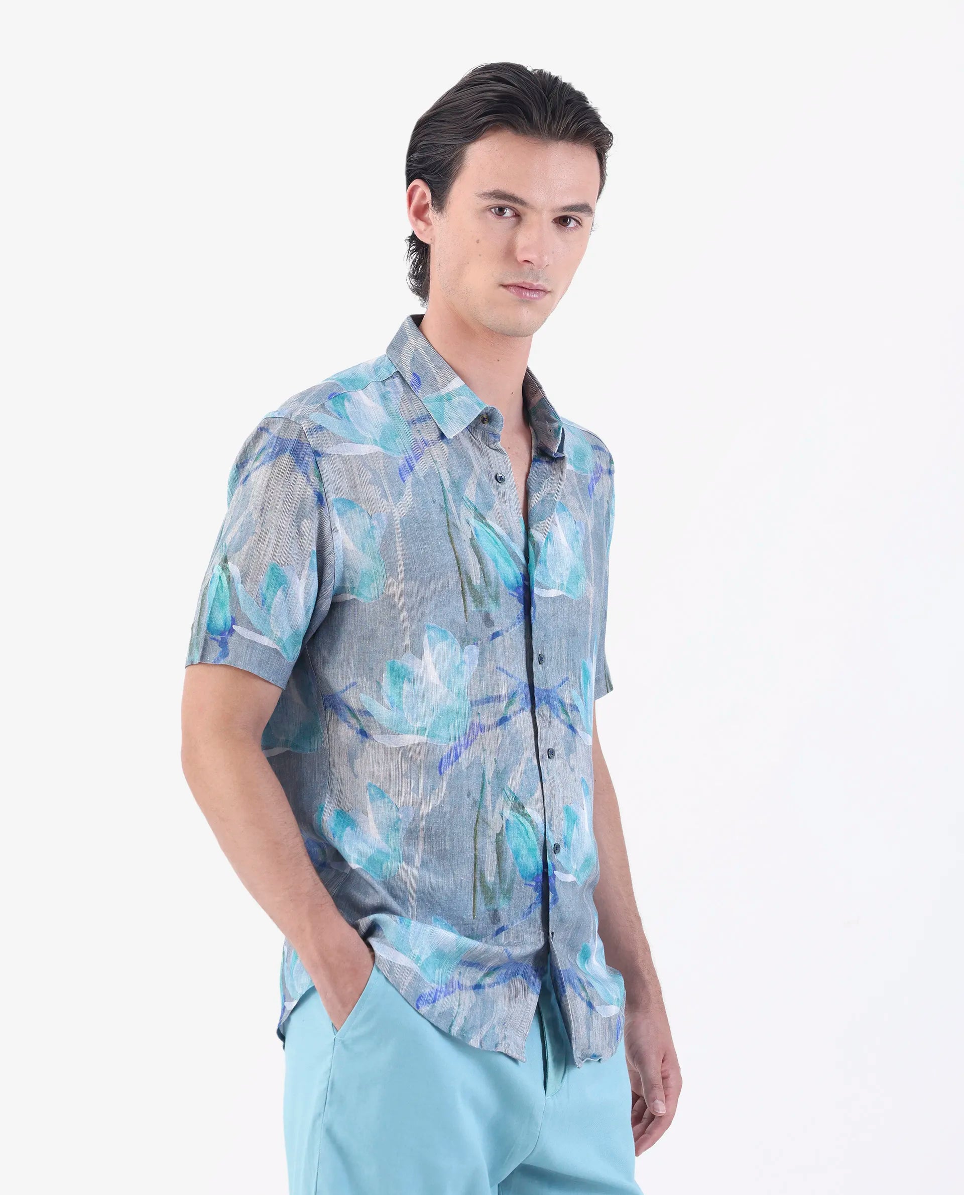 Rare Rabbit Men's Luken Blue 100% Linen Floral Print Regular Fit Half Sleeve Collared Shirt