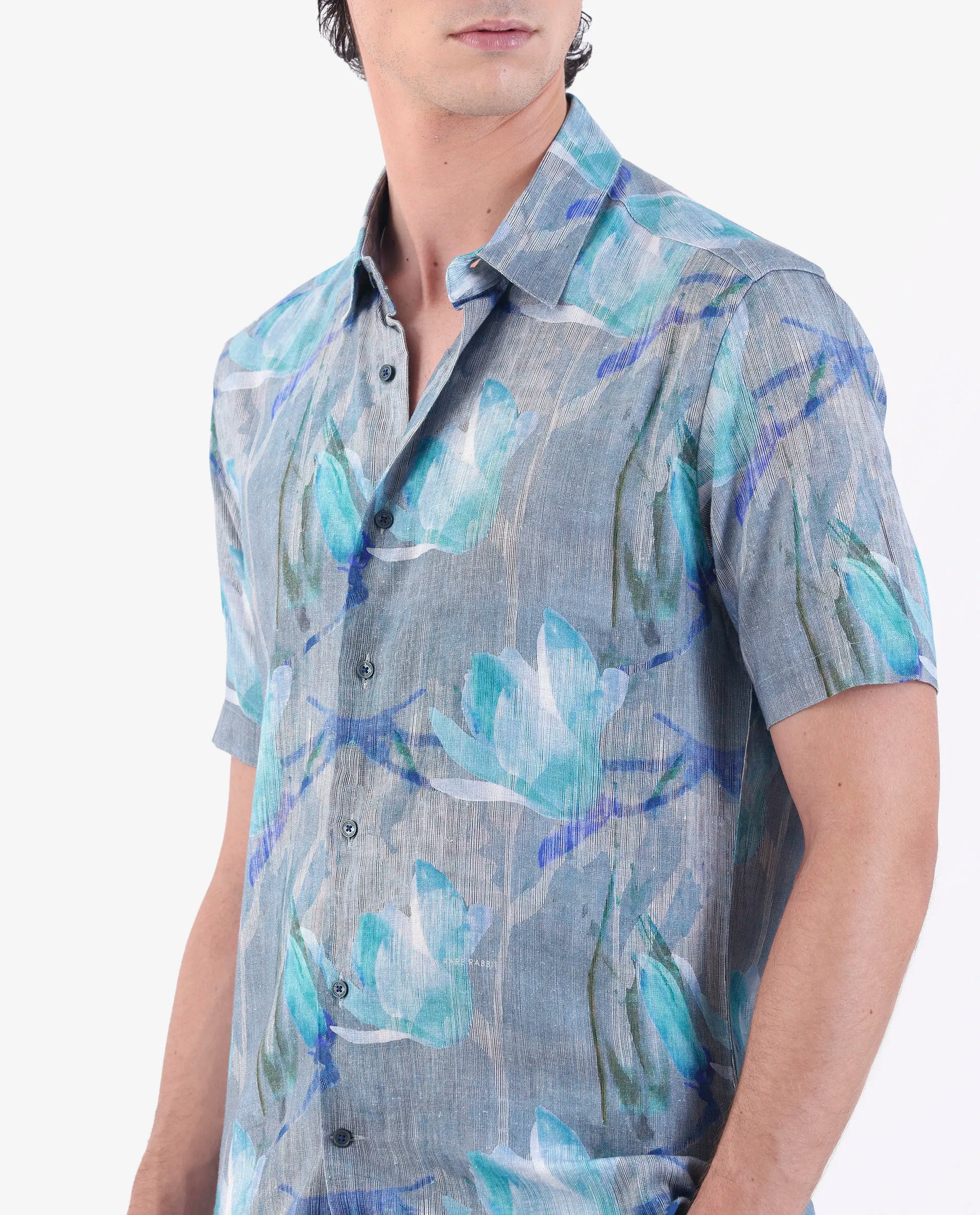 Rare Rabbit Men's Luken Blue 100% Linen Floral Print Regular Fit Half Sleeve Collared Shirt
