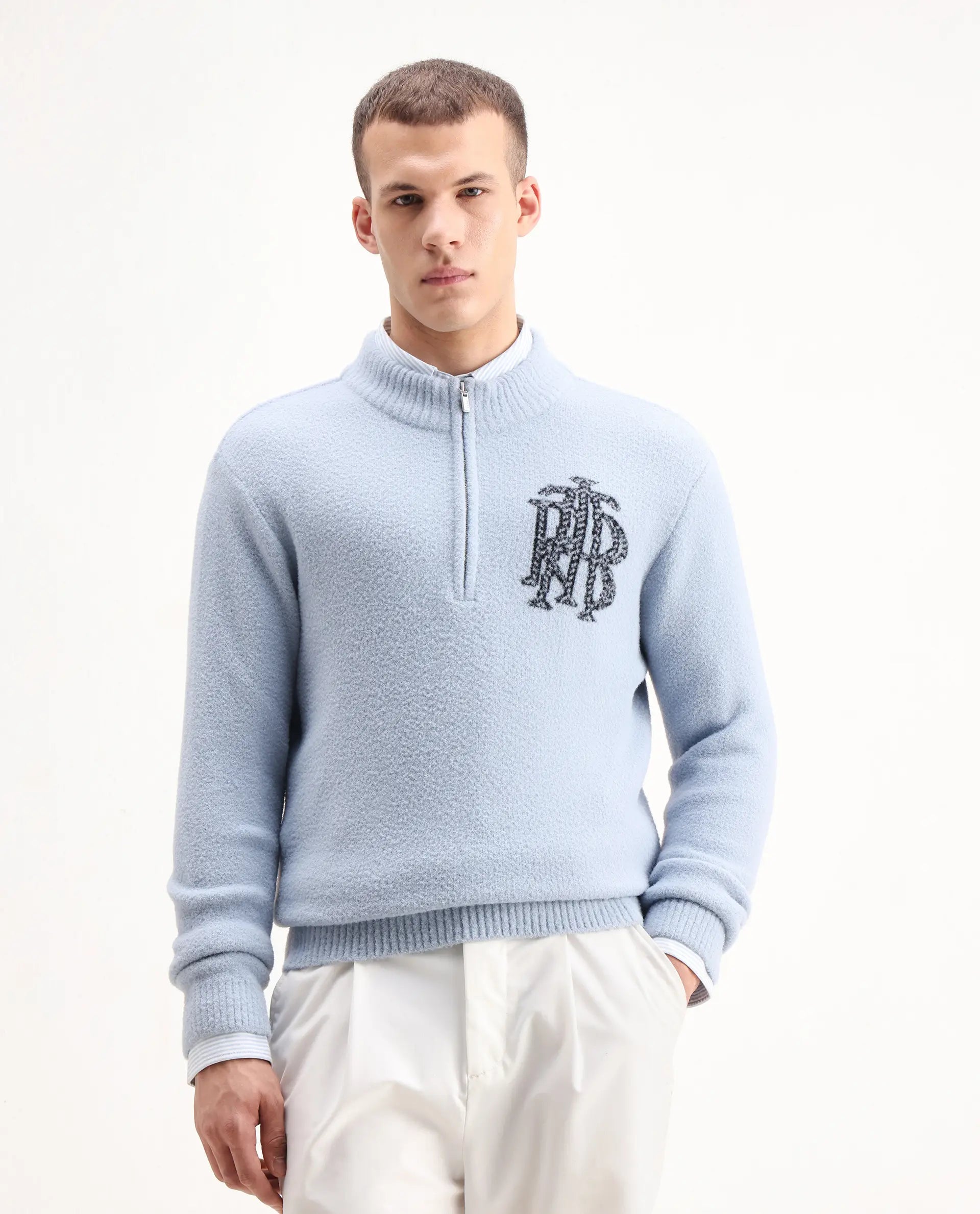 Rare Rabbit Men's Luke Pastel Blue Cotton Plain Regular Fit Full Sleeve High Neck Sweater