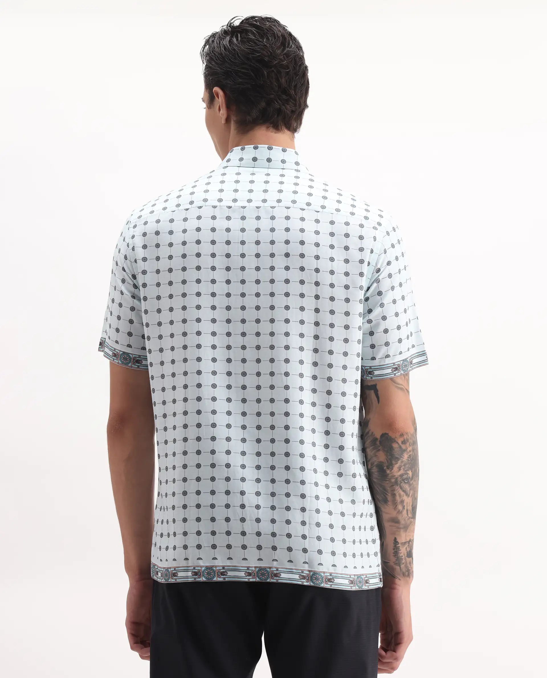 Rare Rabbit Men's Lumi Pastel Blue Cotton Blend Geometric Print Regular Fit Half Sleeve Collared Shirt