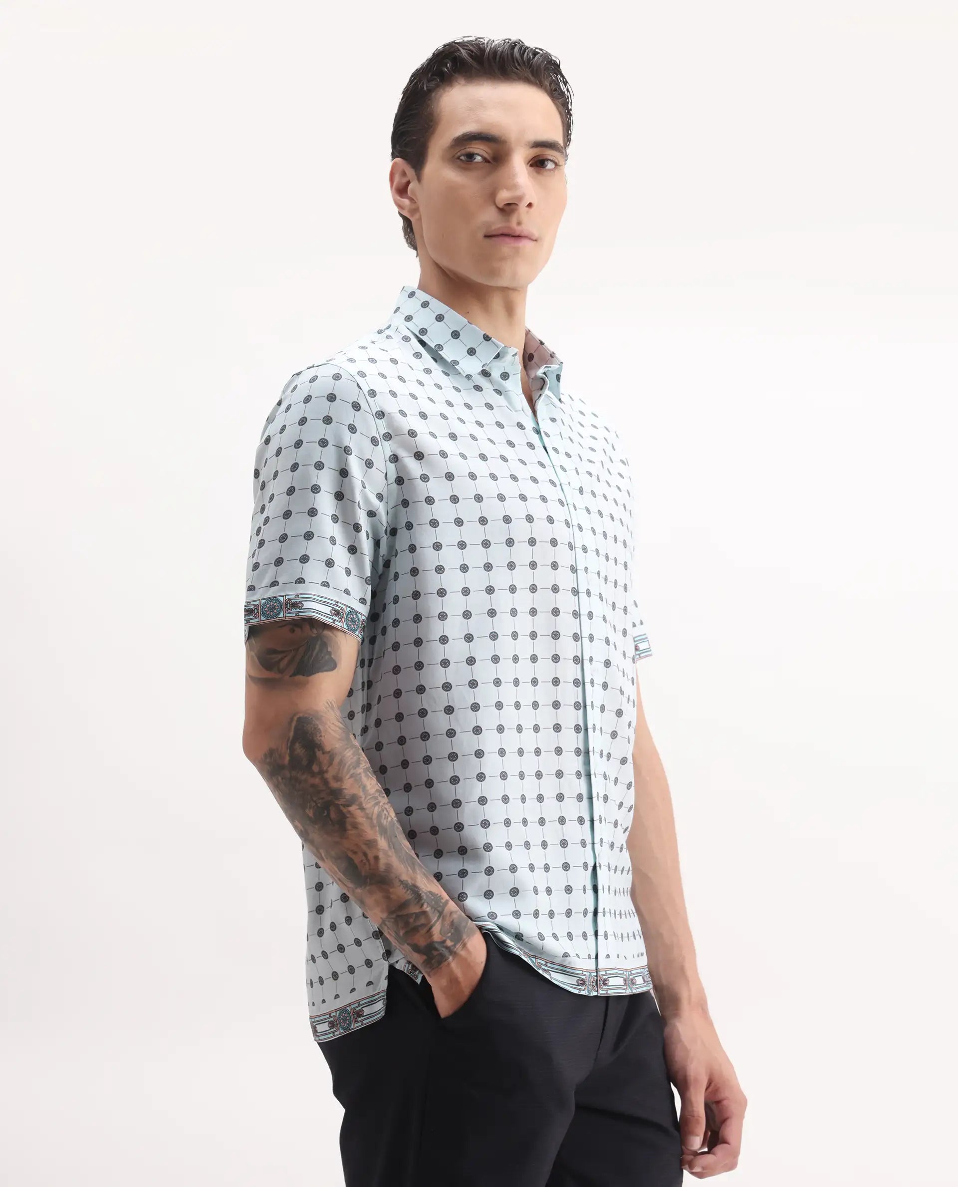 Rare Rabbit Men's Lumi Pastel Blue Cotton Blend Geometric Print Regular Fit Half Sleeve Collared Shirt