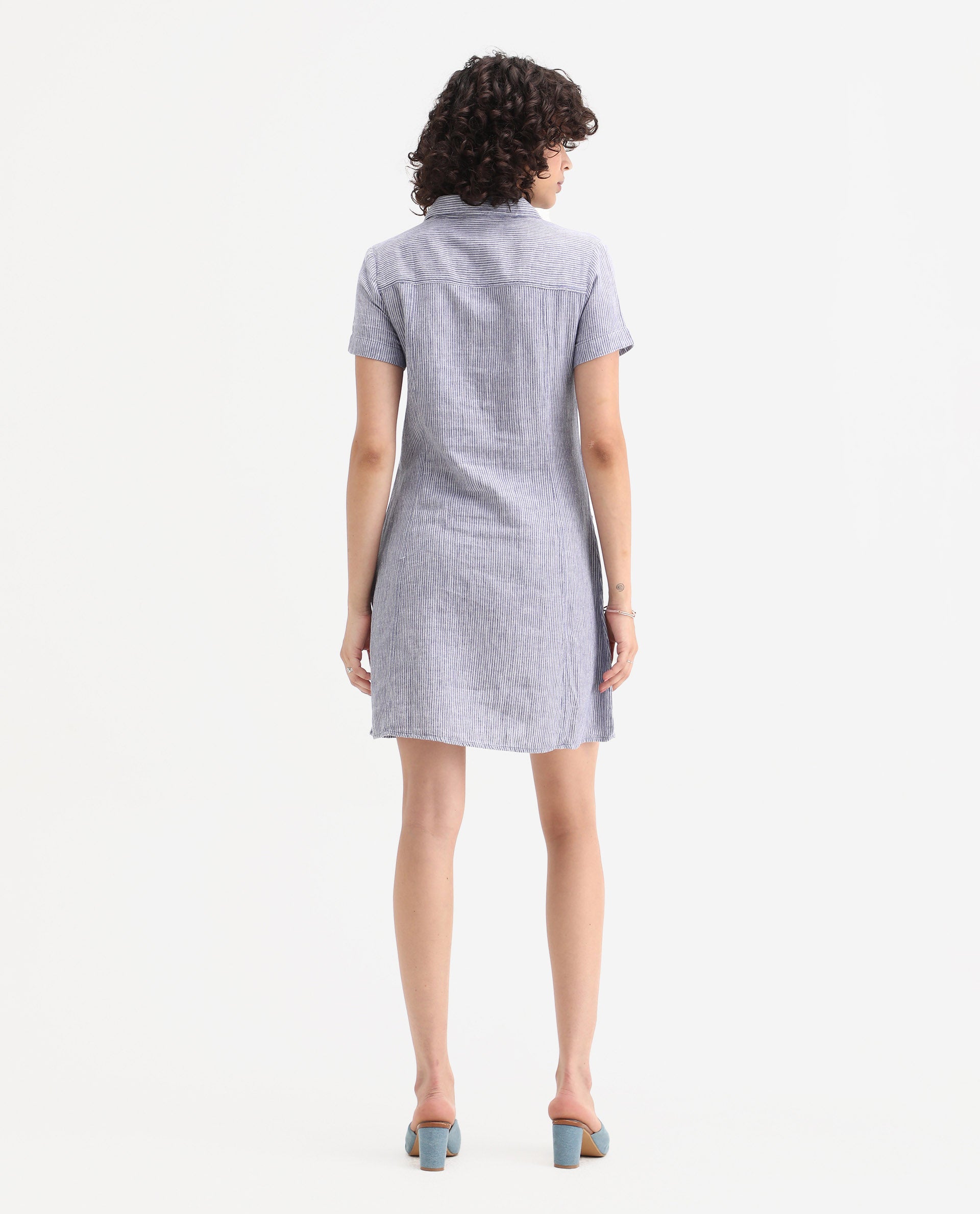 Rareism Women's Luna Blue Linen Spread Collar Striped Knee Length Regular Fit Dress