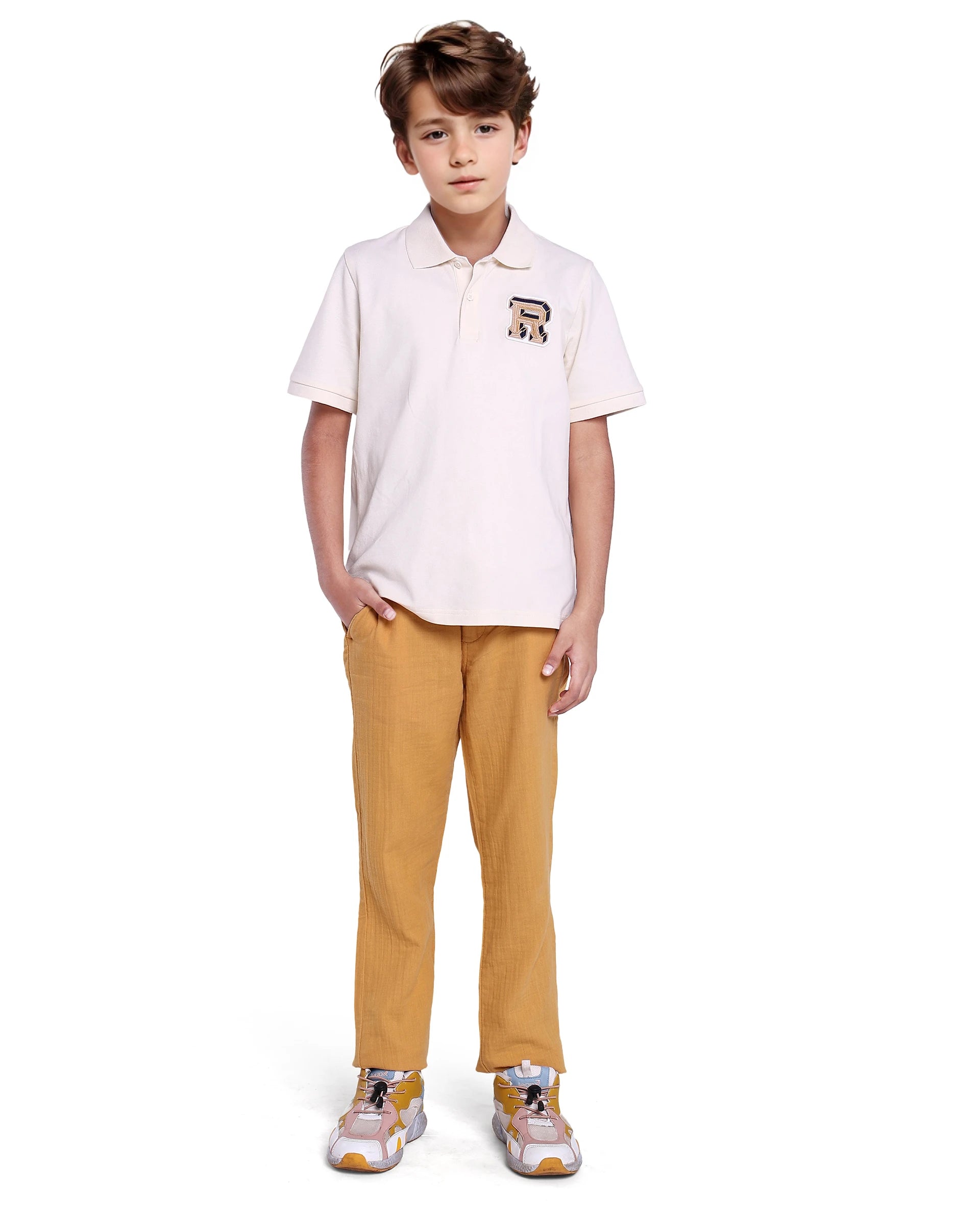 Rare Ones Kids Luan White Cotton Short Sleeve Applique Print Polo