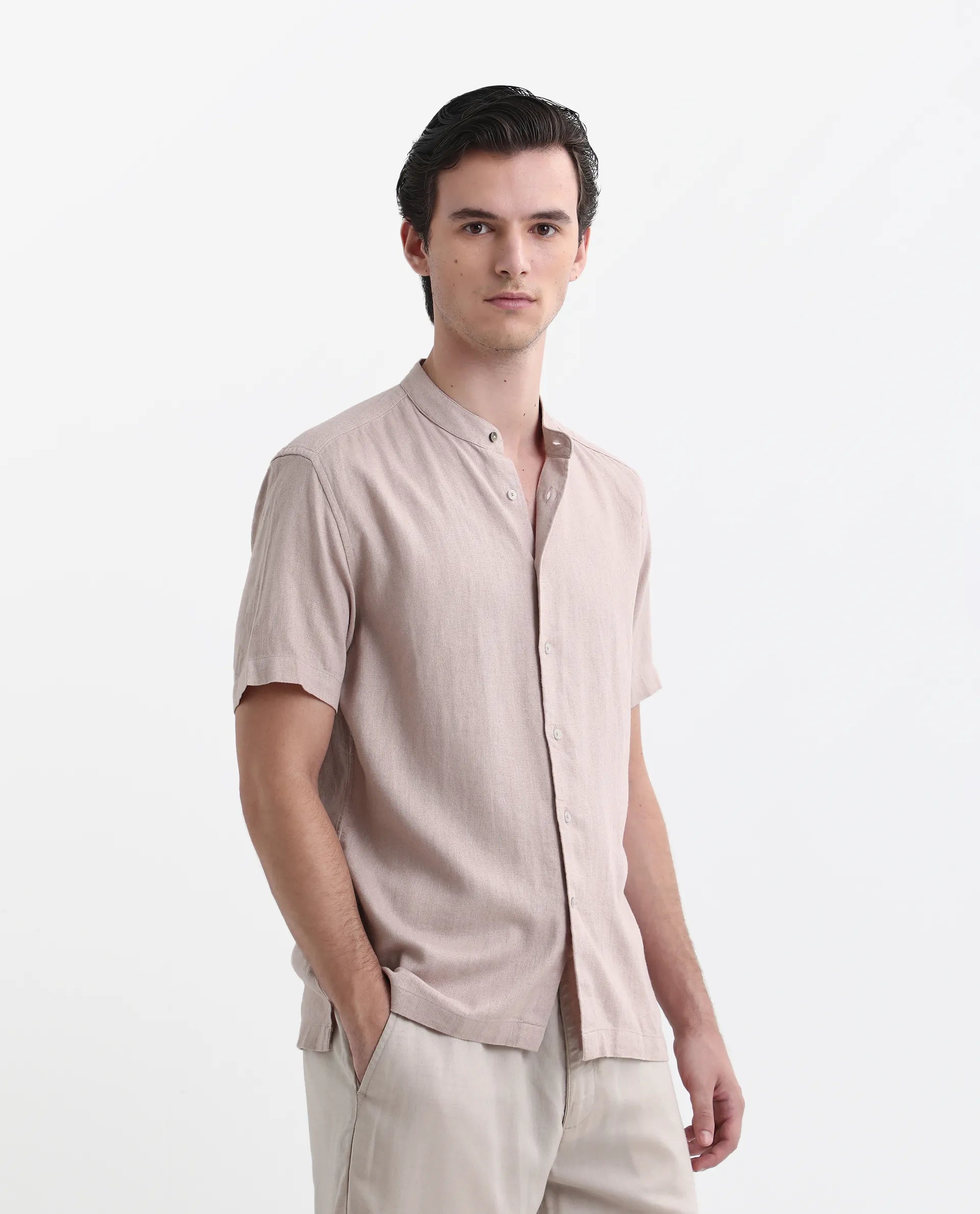 Rare Rabbit Men's Lune Ss Dusky Pink Linen Plain Regular Fit Half Sleeve Mandarin Collar Shirt