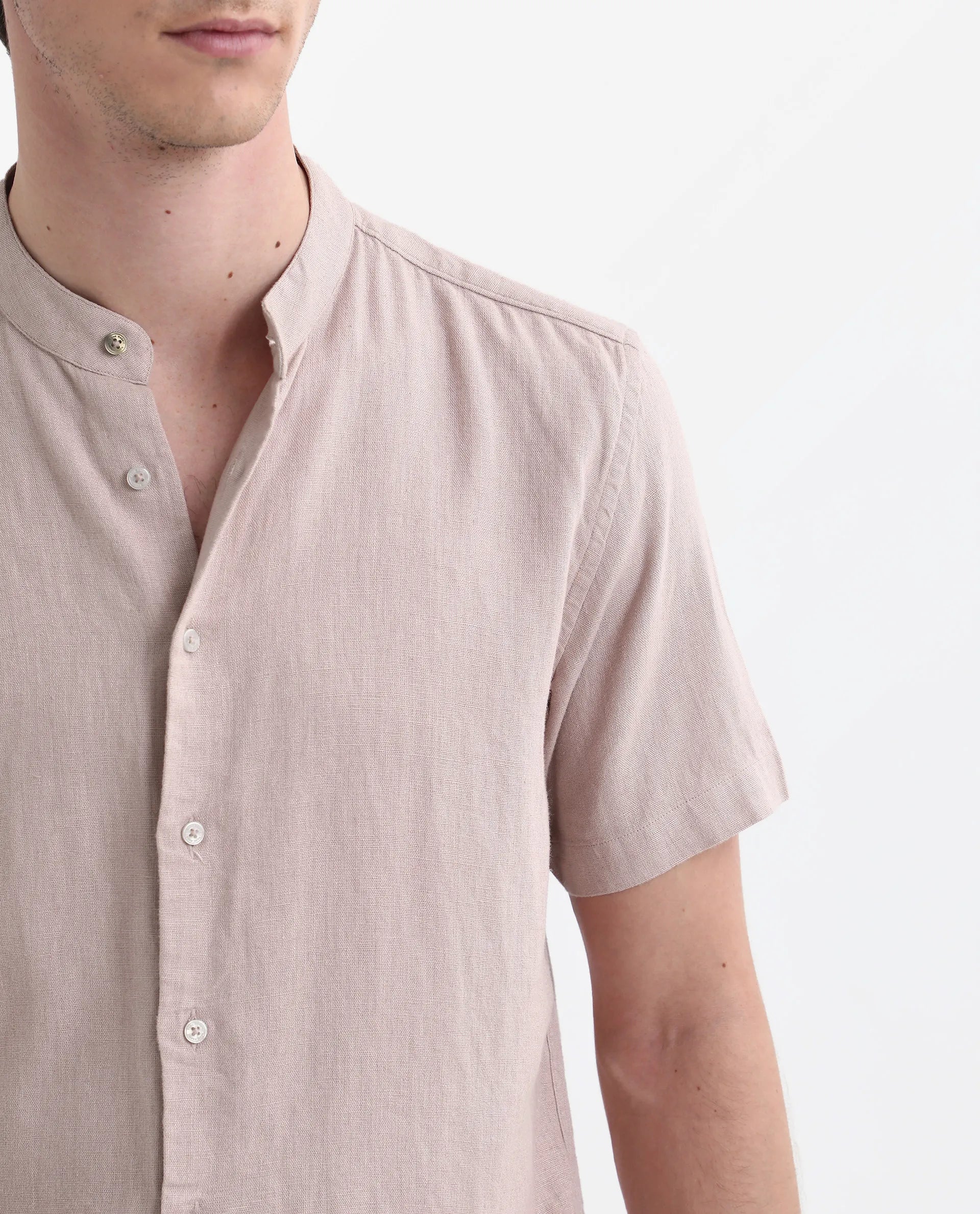 Rare Rabbit Men's Lune Ss Dusky Pink Linen Plain Regular Fit Half Sleeve Mandarin Collar Shirt