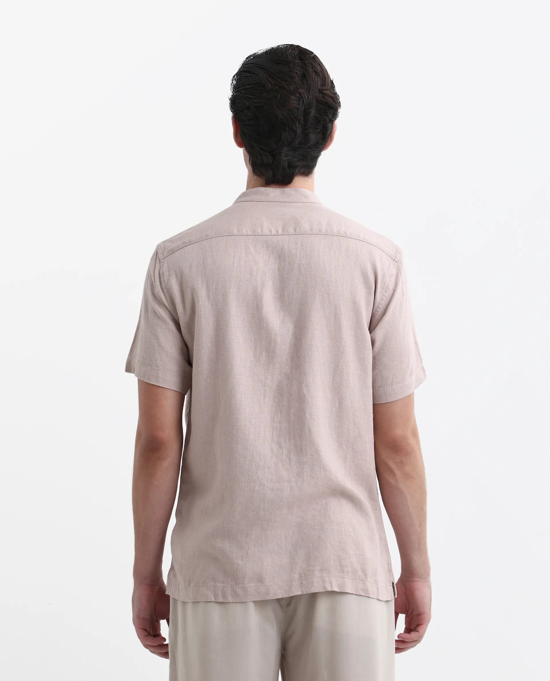 Rare Rabbit Men's Lune Ss Dusky Pink Linen Plain Regular Fit Half Sleeve Mandarin Collar Shirt