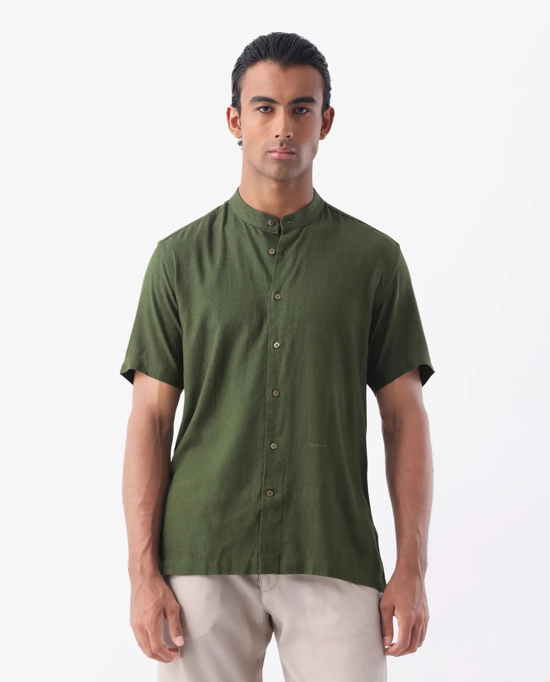 Rare Rabbit Men's Lune Ss Olive 100% Linen Plain Regular Fit Half Sleeve Mandarin Collar Shirt