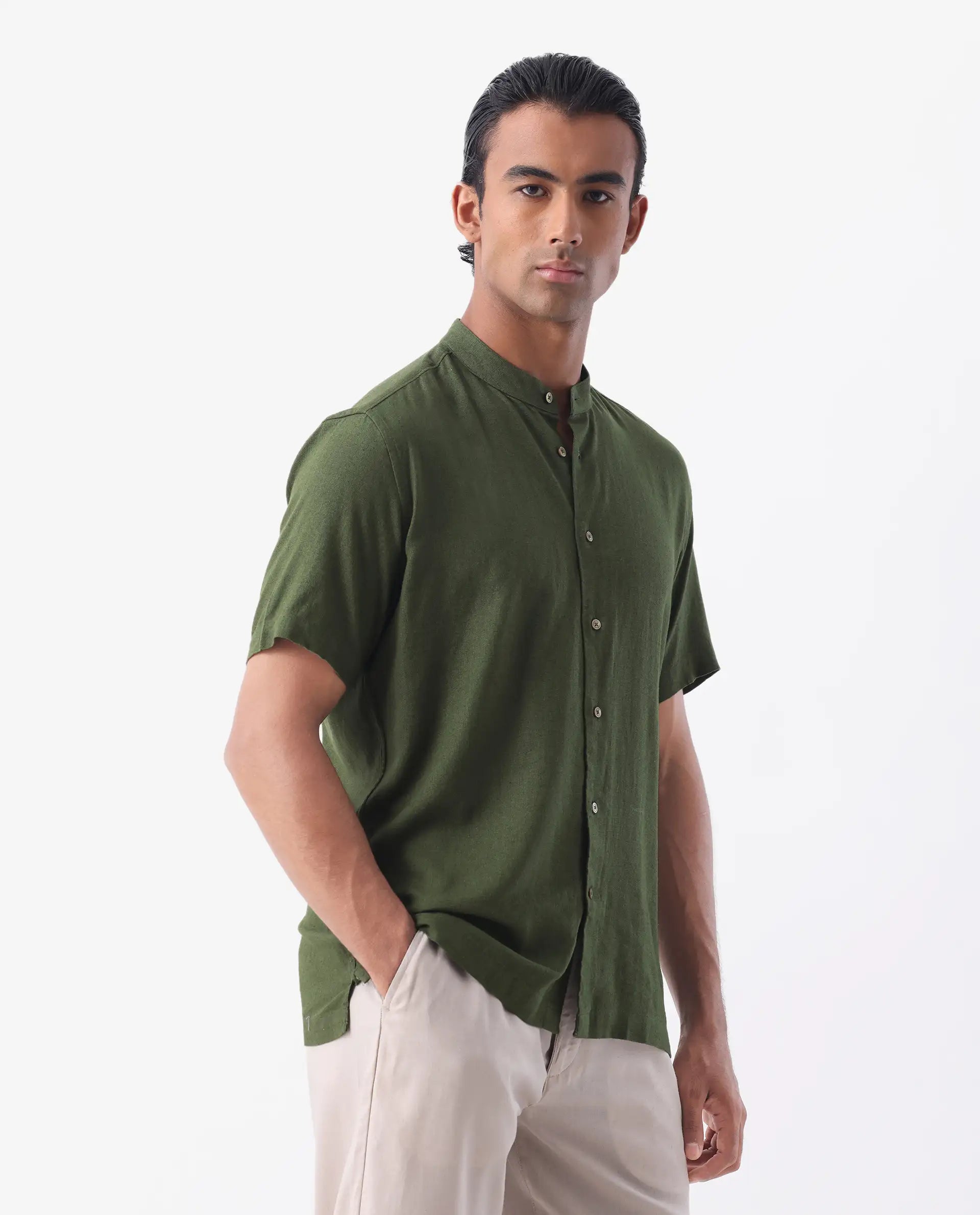Rare Rabbit Men's Lune Ss Olive 100% Linen Plain Regular Fit Half Sleeve Mandarin Collar Shirt