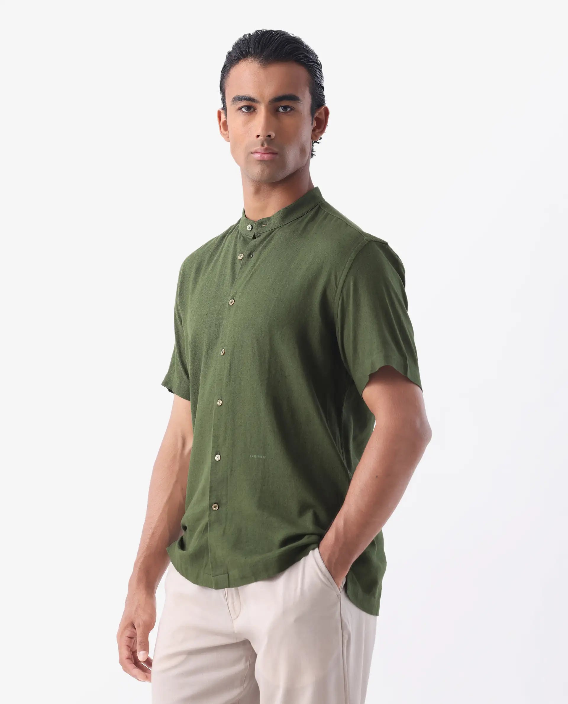 Rare Rabbit Men's Lune Ss Olive 100% Linen Plain Regular Fit Half Sleeve Mandarin Collar Shirt