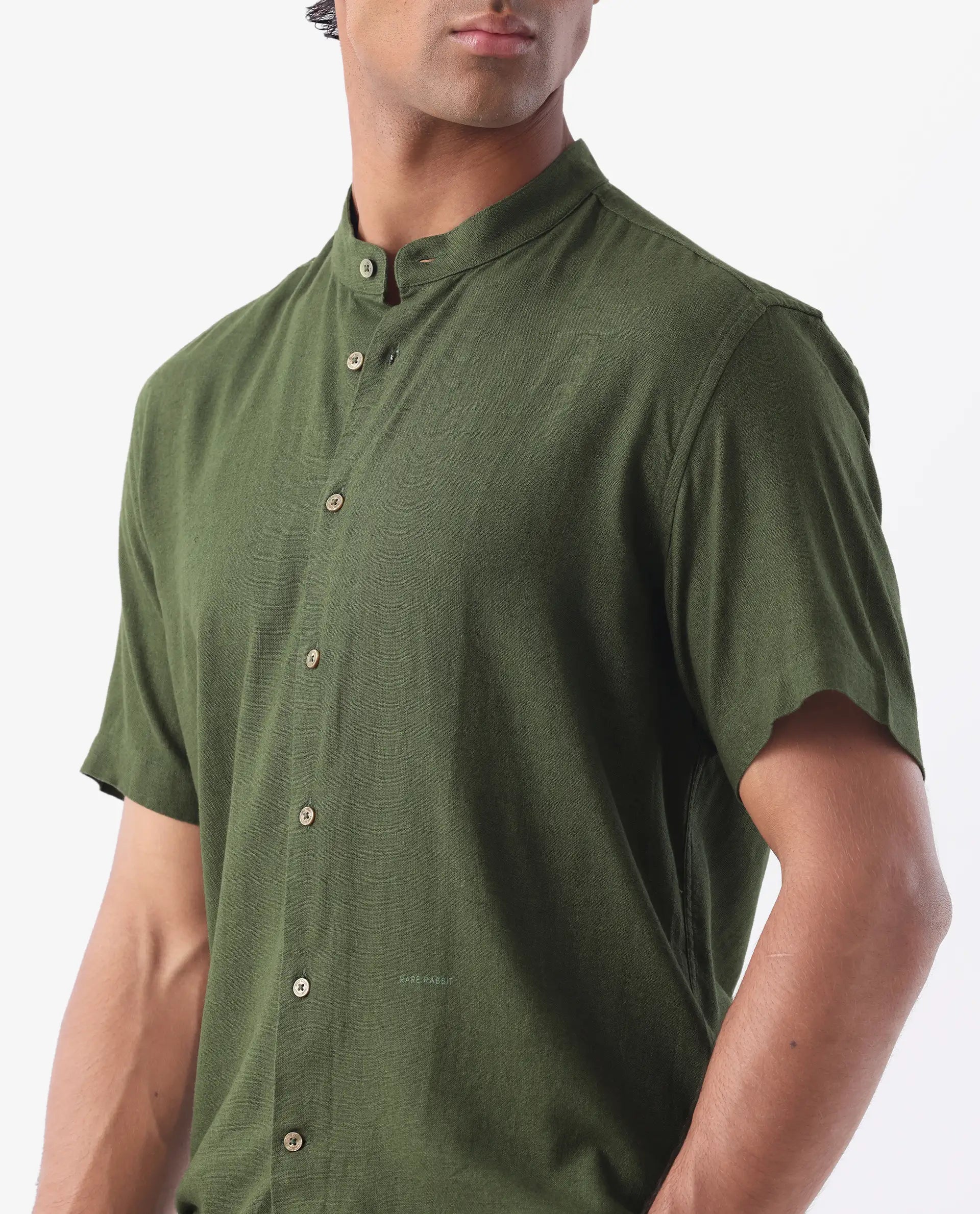 Rare Rabbit Men's Lune Ss Olive 100% Linen Plain Regular Fit Half Sleeve Mandarin Collar Shirt