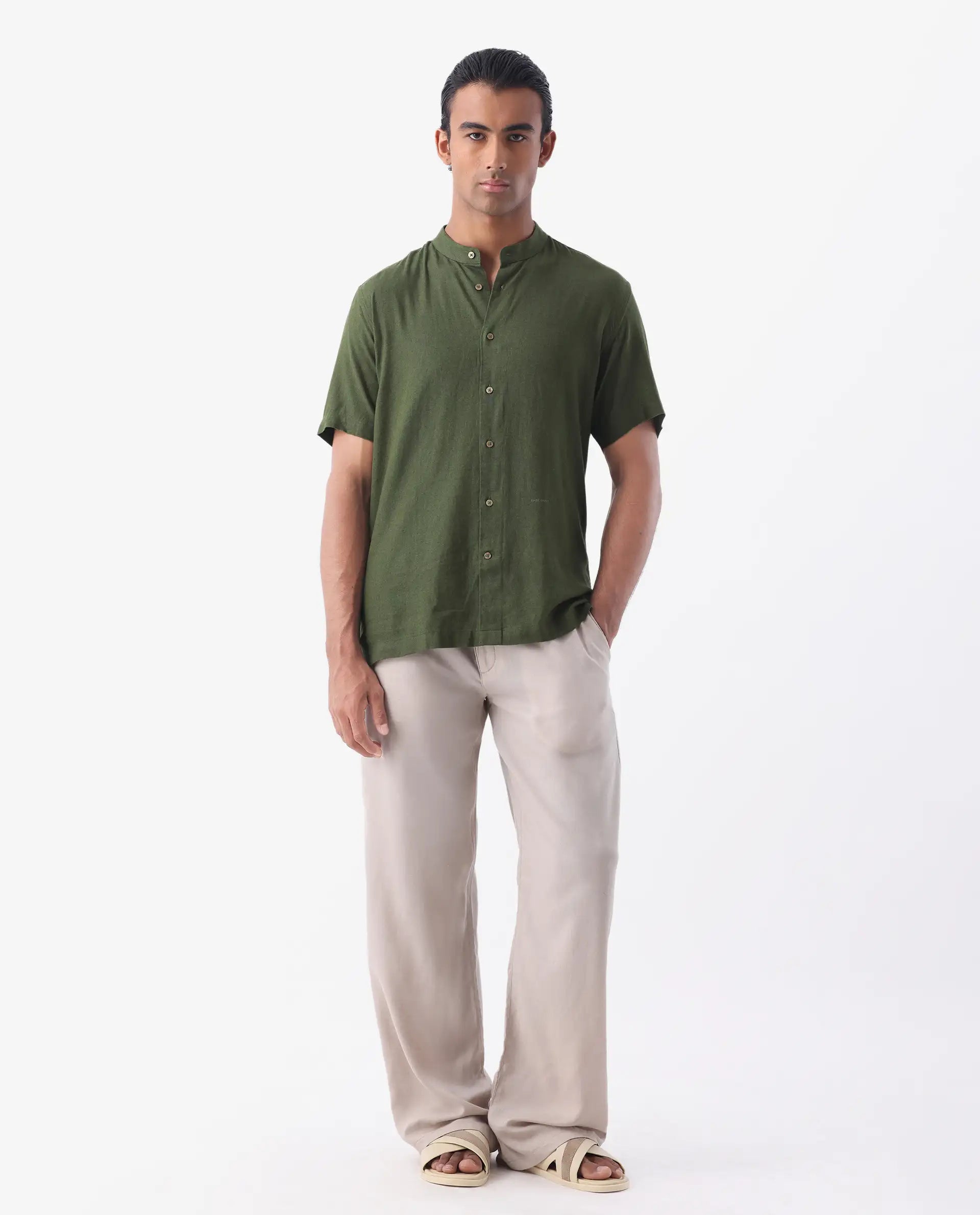 Rare Rabbit Men's Lune Ss Olive 100% Linen Plain Regular Fit Half Sleeve Mandarin Collar Shirt