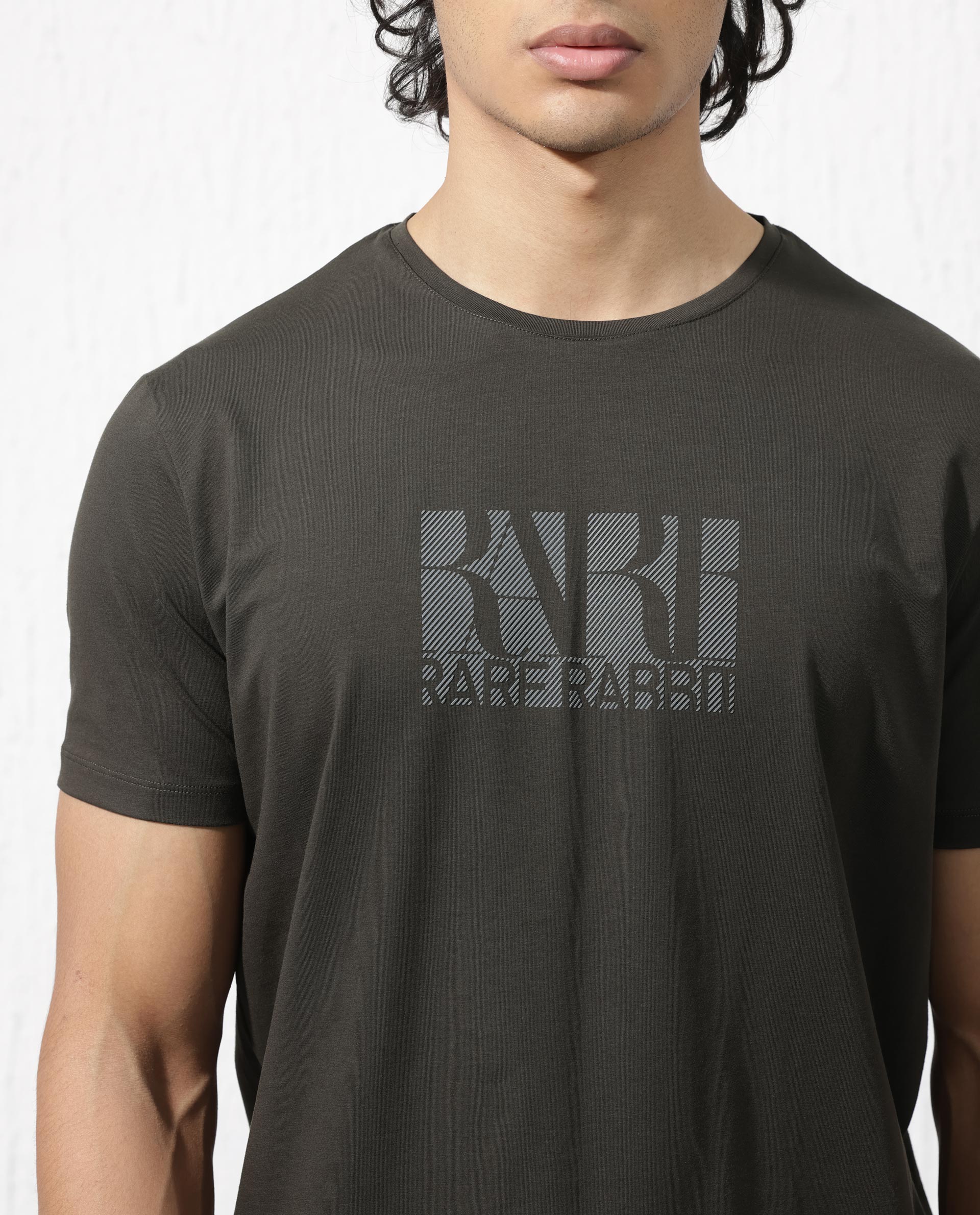 Rare Rabbit Men's Luno Olive Cotton Lycra Fabric Half Sleeves Graphic Print T-Shirt