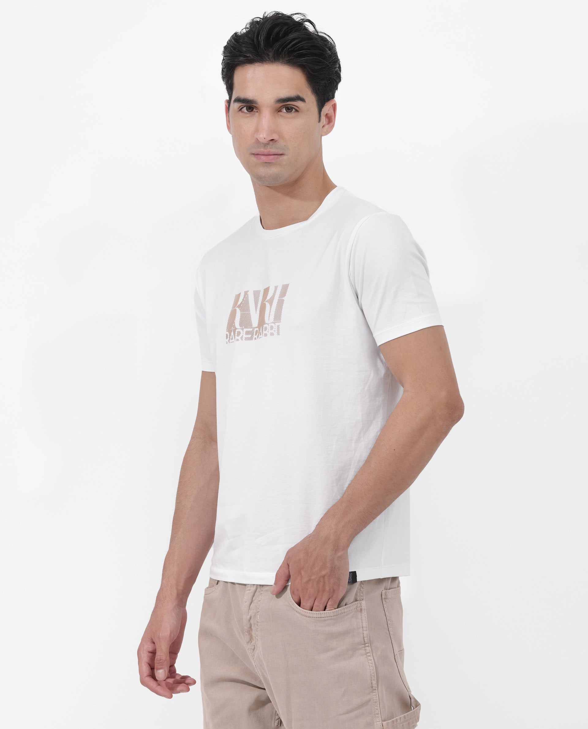 Rare Rabbit Mens Luno White Cotton Blrend Fabric Half Sleeve Graphic Printed T-Shirt