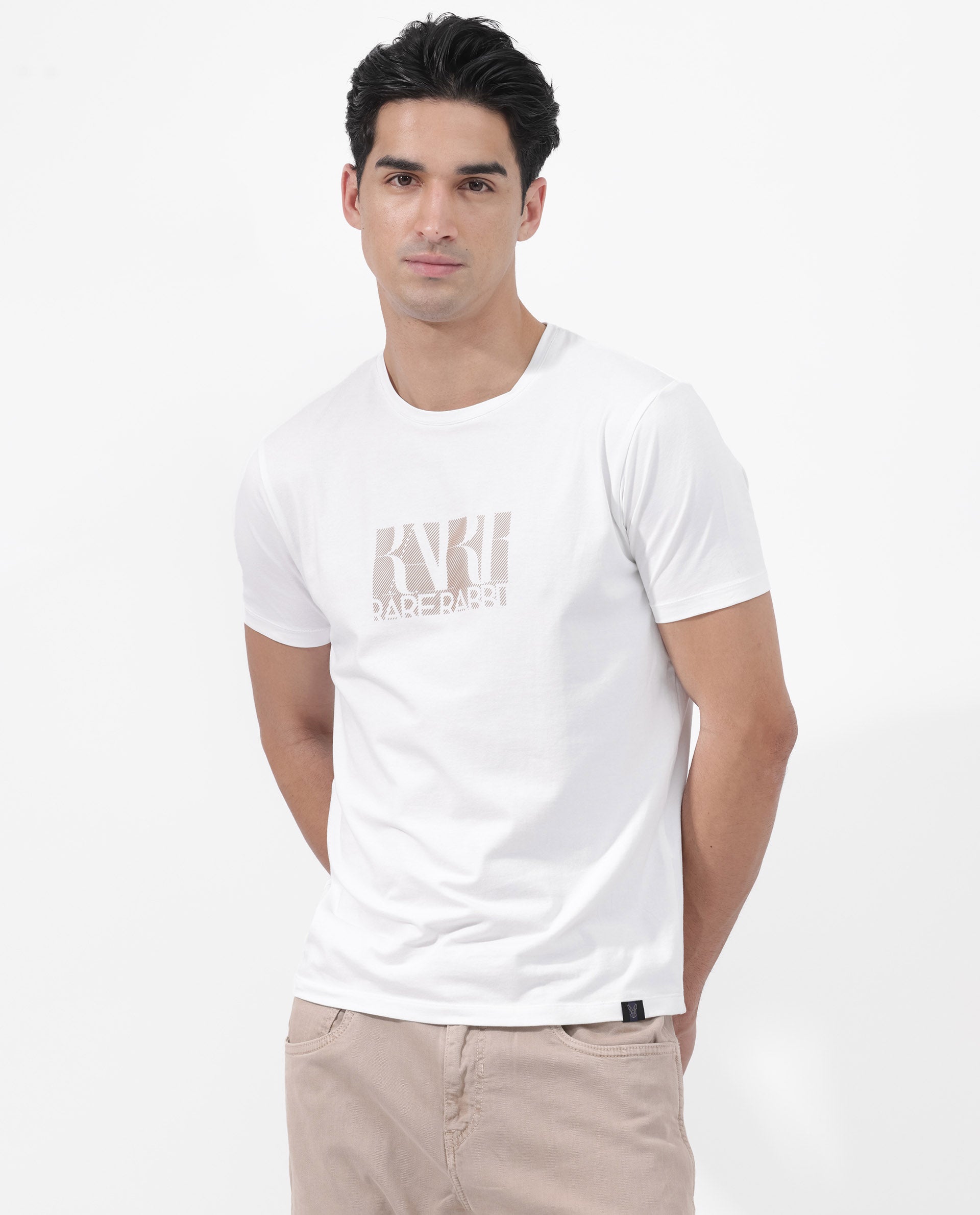 Rare Rabbit Mens Luno White Cotton Blrend Fabric Half Sleeve Graphic Printed T-Shirt