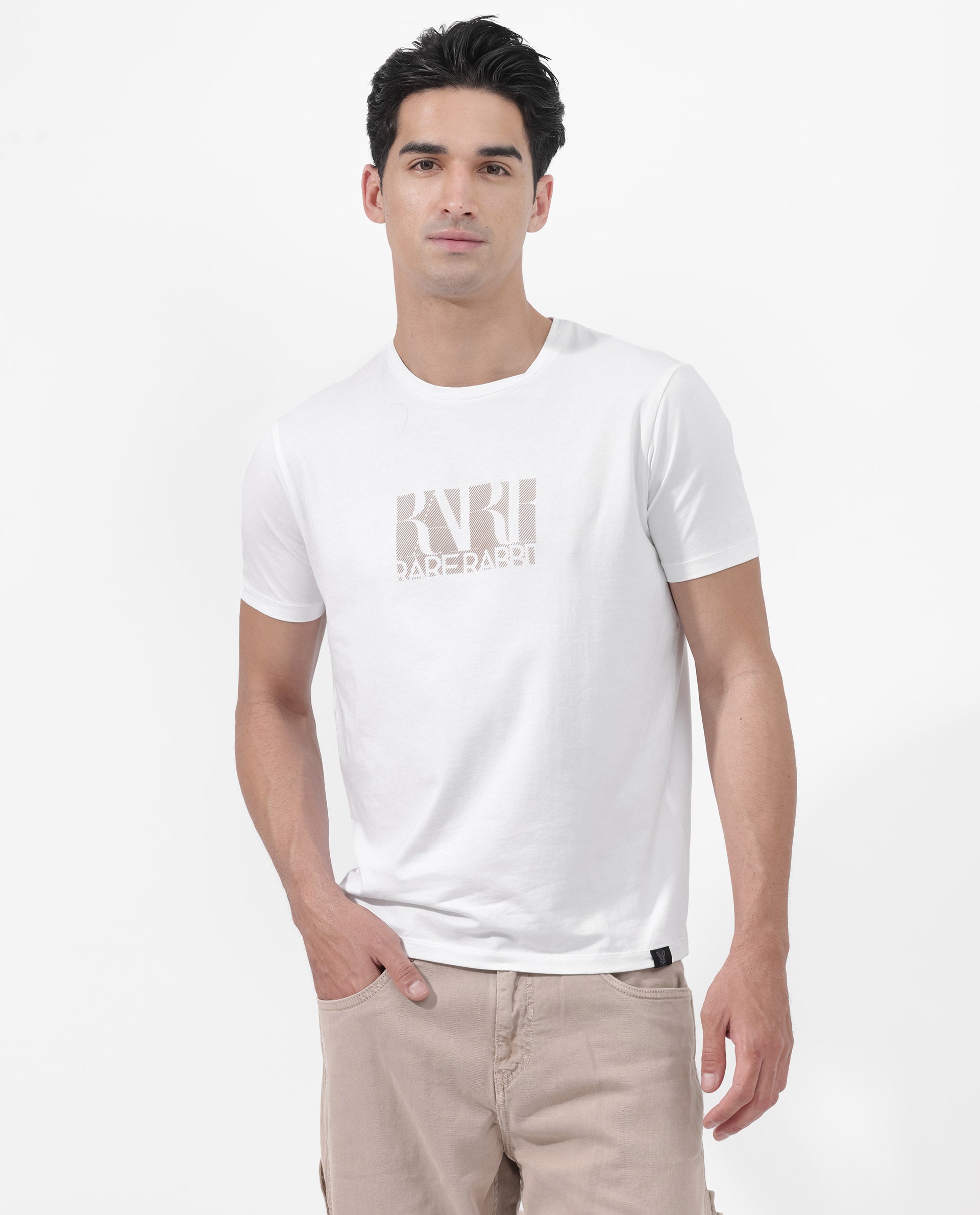 Rare Rabbit Mens Luno White Cotton Blrend Fabric Half Sleeve Graphic Printed T-Shirt