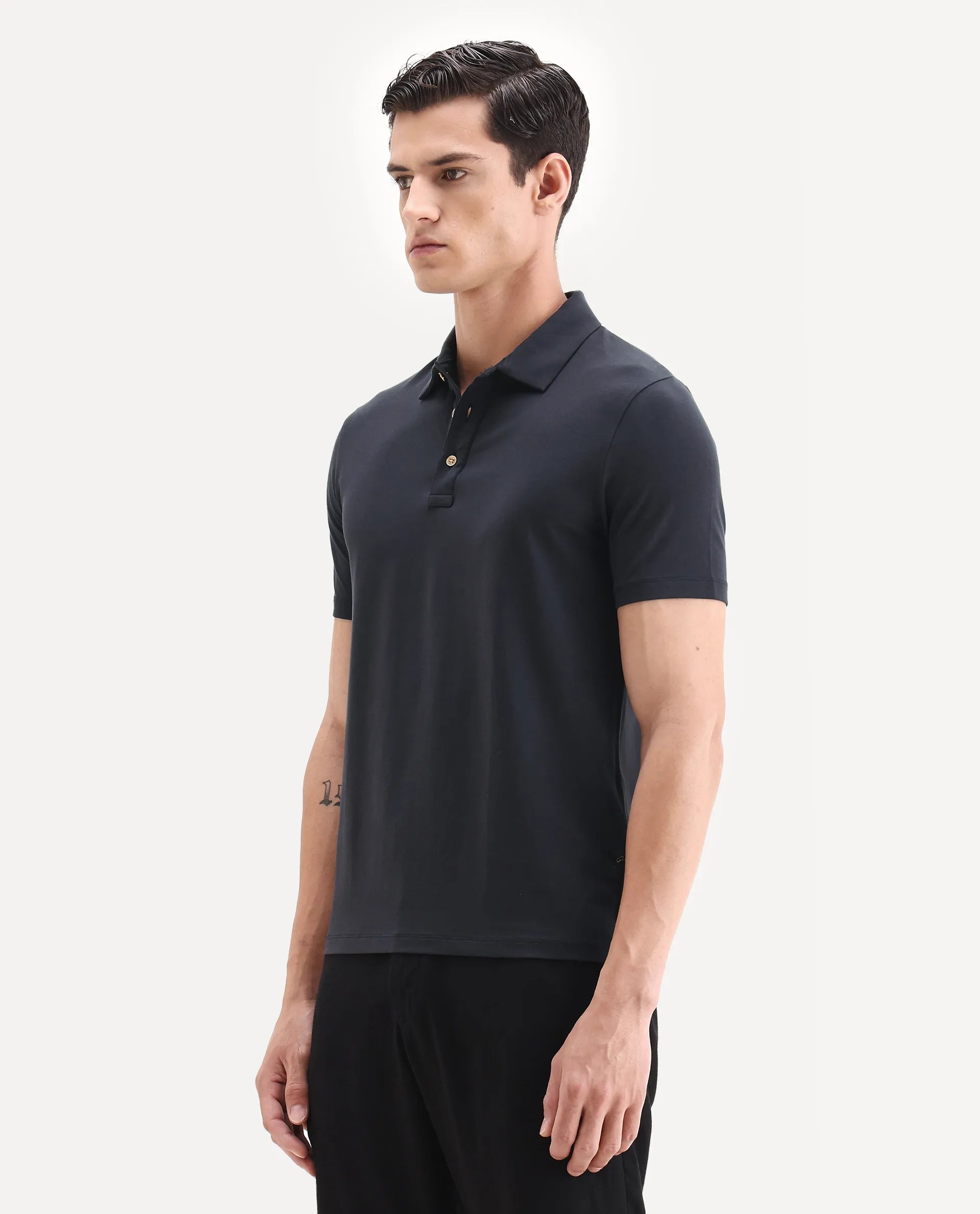 Rare Rabbit Men's Lupin Navy Cotton Plain Regular Fit Half Sleeve Polo