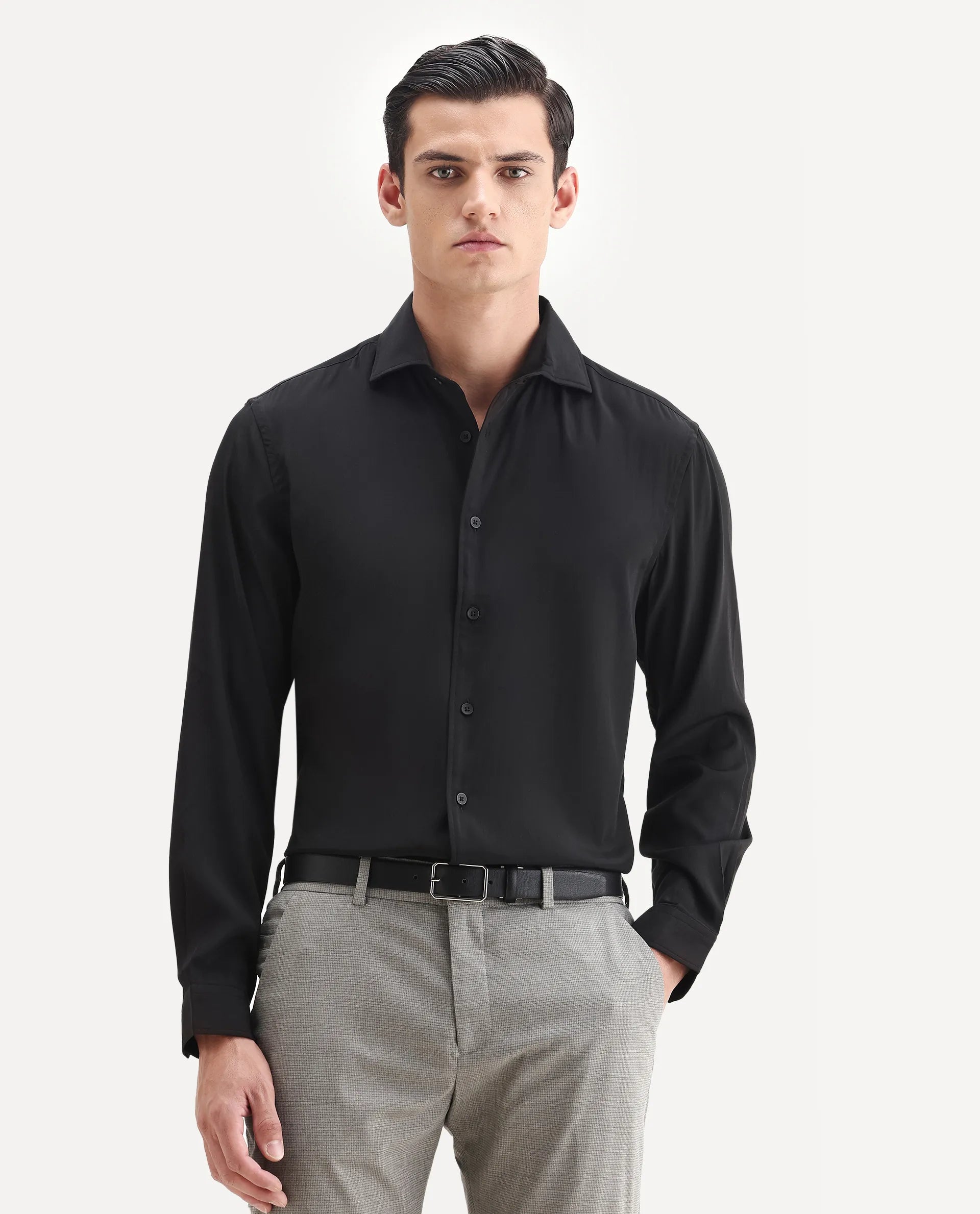 Rare Rabbit Men's Lupo Black Polyester Plain Regular Fit Full Sleeve Collared Shirt