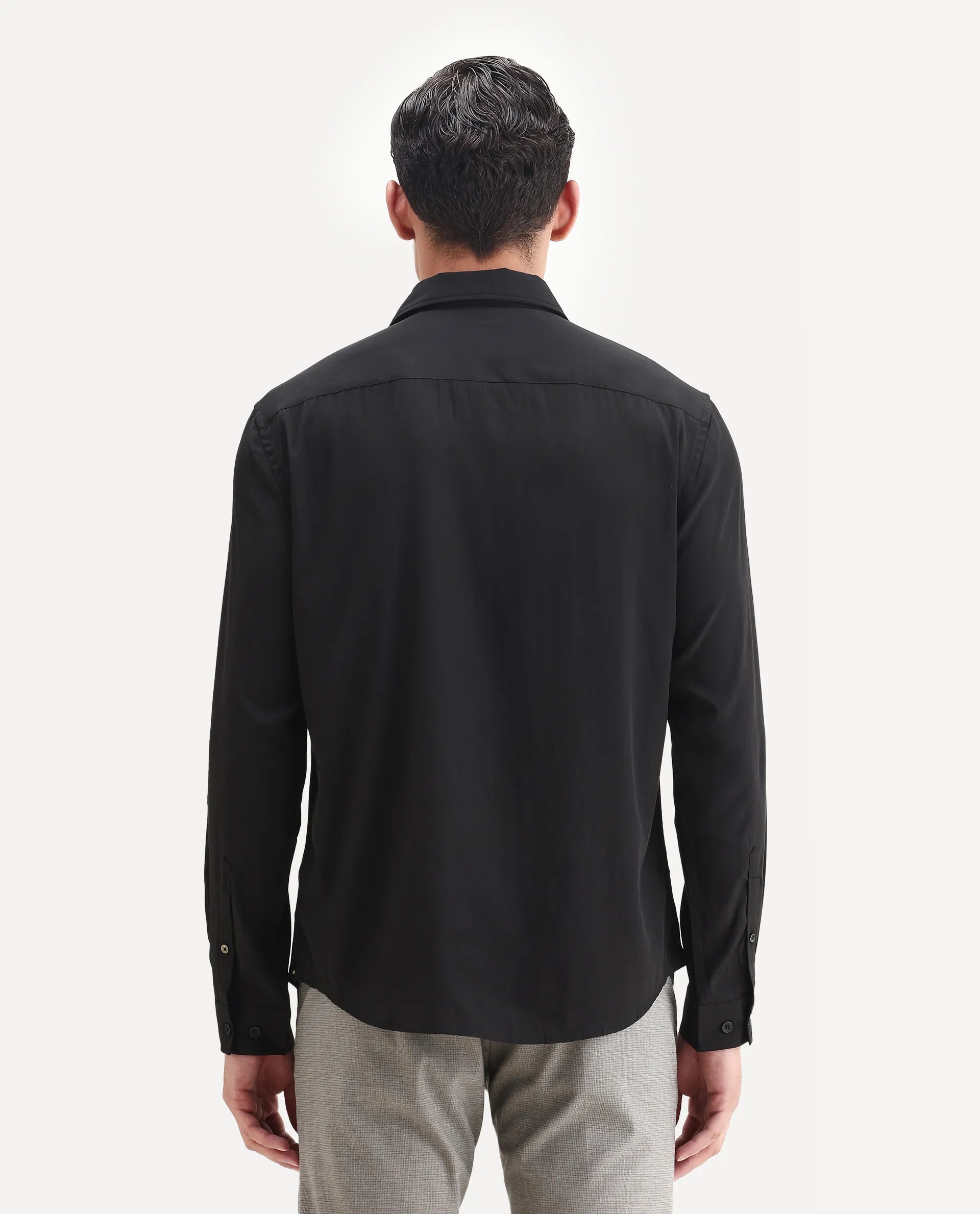 Rare Rabbit Men's Lupo Black Polyester Plain Regular Fit Full Sleeve Collared Shirt