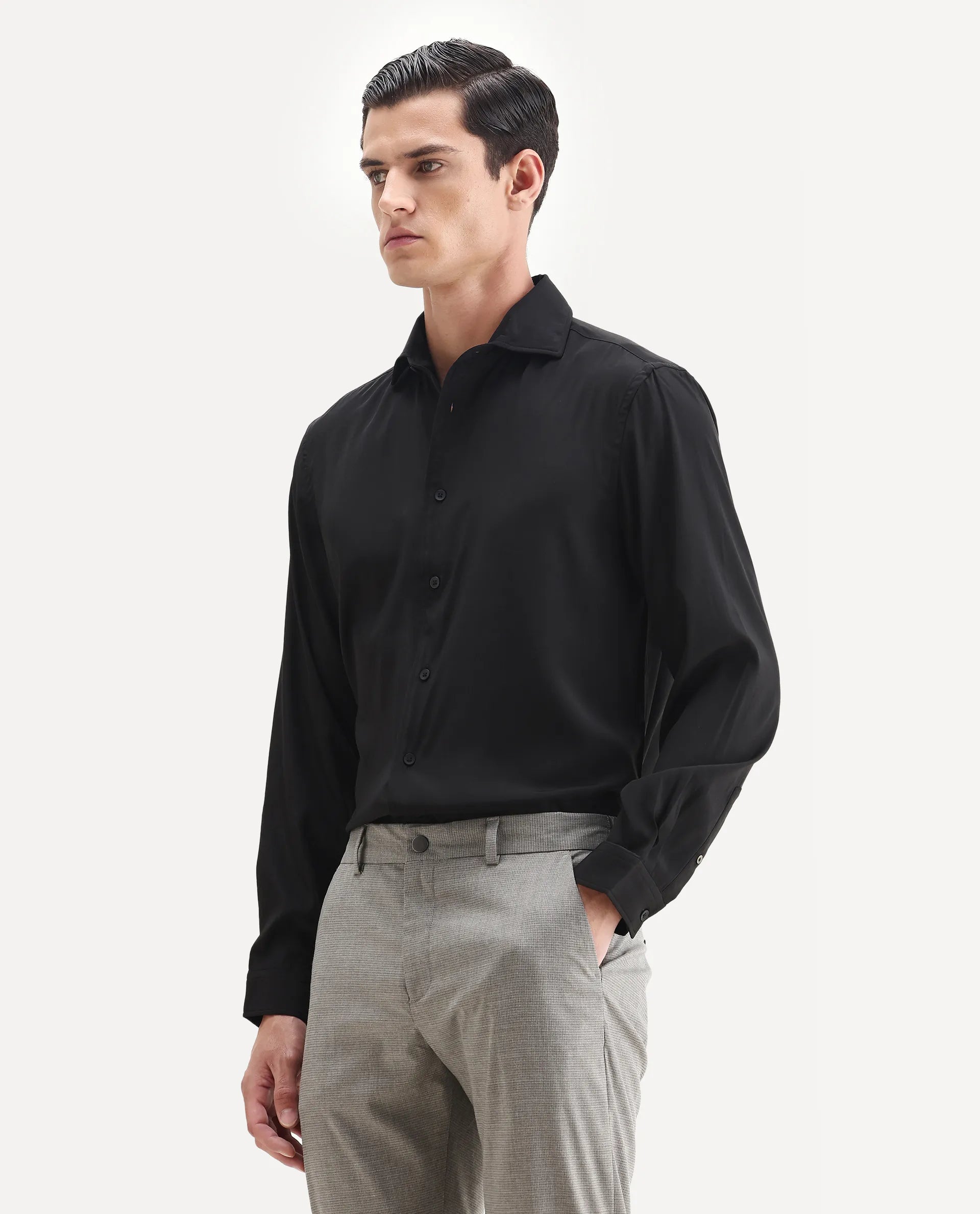 Rare Rabbit Men's Lupo Black Polyester Plain Regular Fit Full Sleeve Collared Shirt