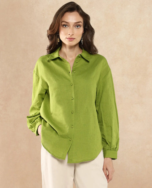 Rareism Women's Zurie Olive Cotton Blend Half Sleeve Crew Neck Regular Fit Jacquard T-Shirt
