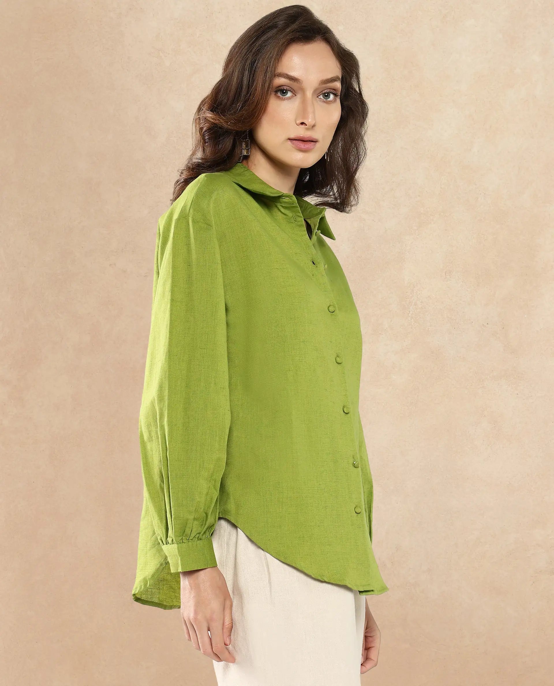 Rareism Women Lureno Light Olive Full Sleeve Collared Neck Button Closure Plain Top