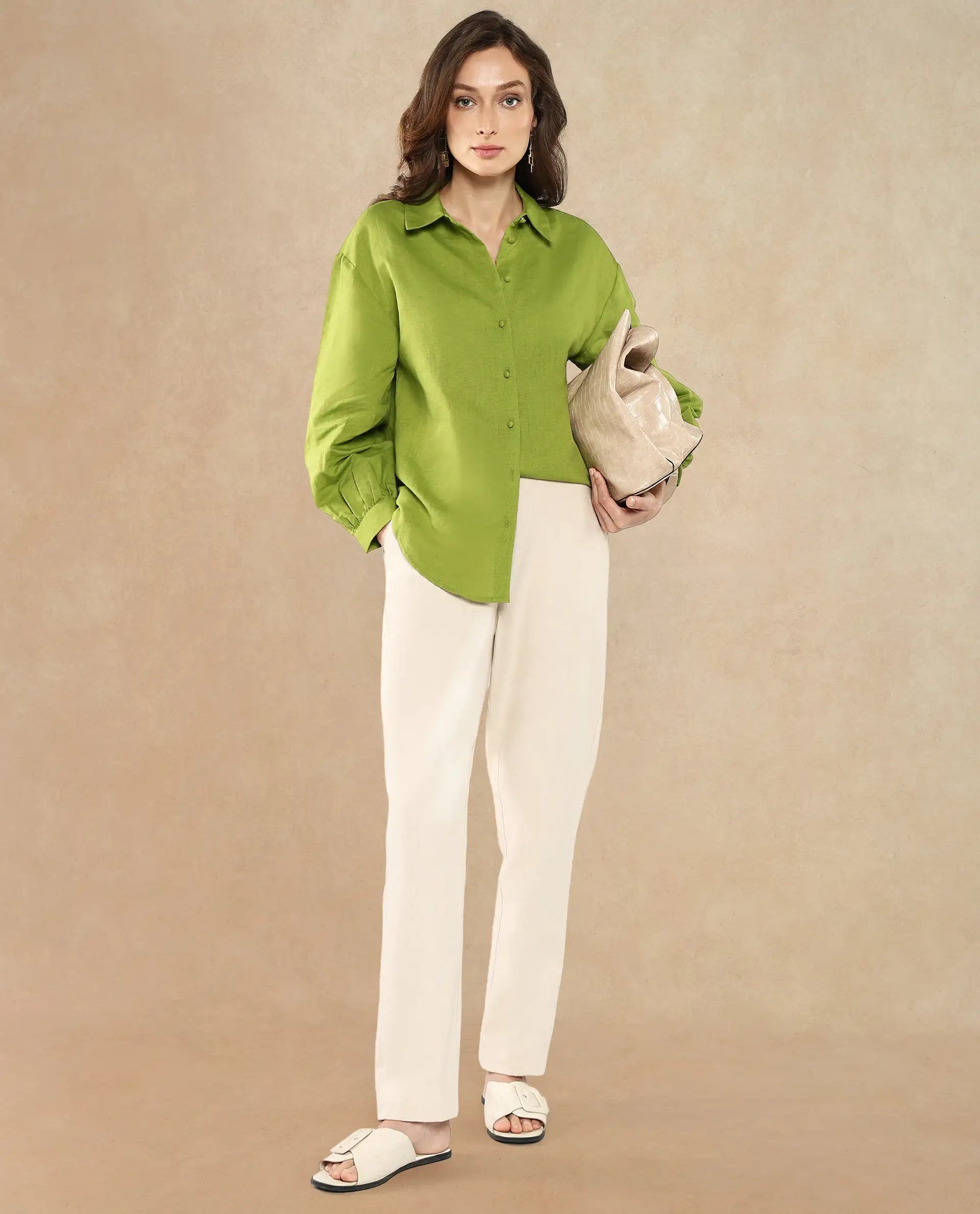 Rareism Women Lureno Light Olive Full Sleeve Collared Neck Button Closure Plain Top