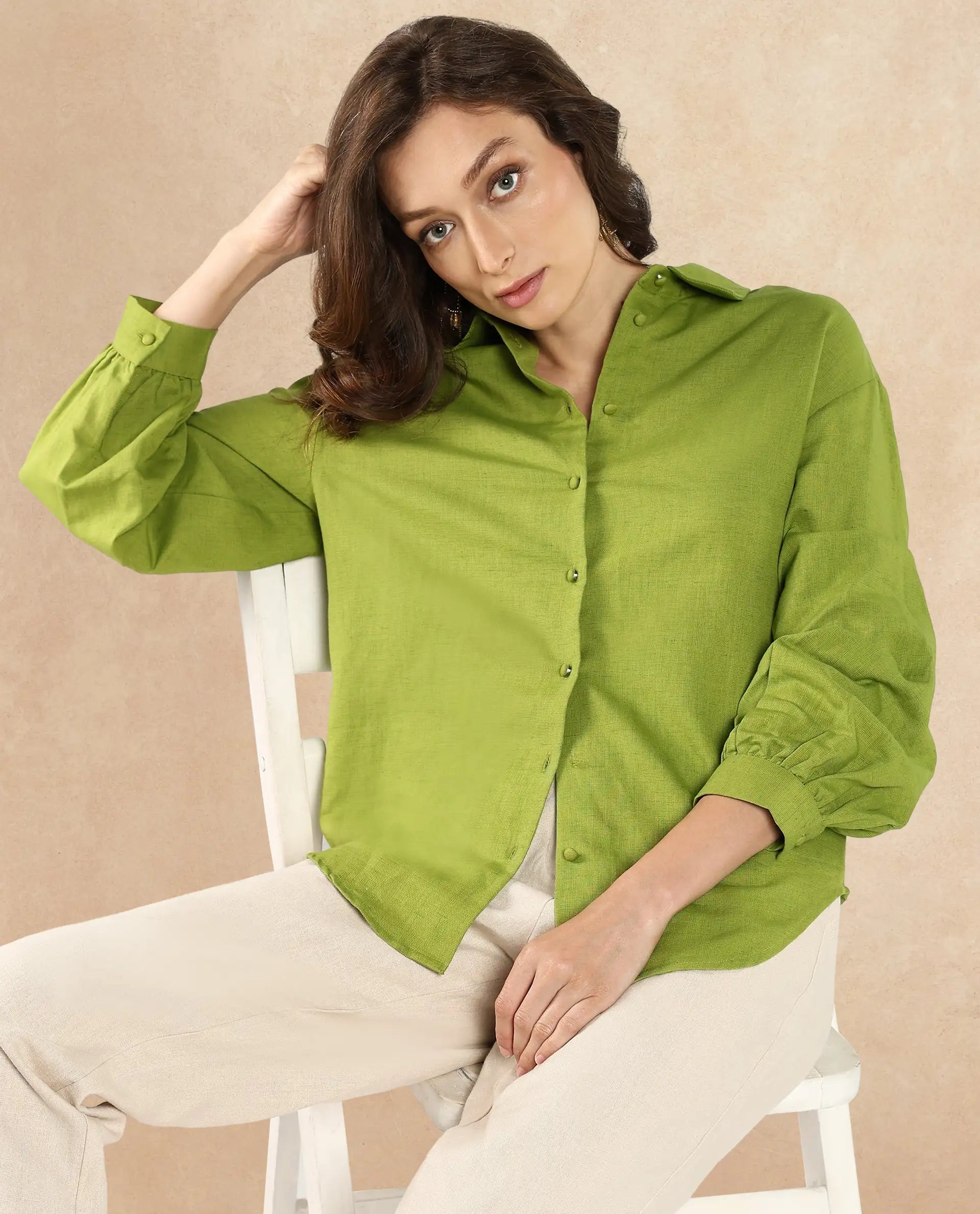 Rareism Women Lureno Light Olive Full Sleeve Collared Neck Button Closure Plain Top